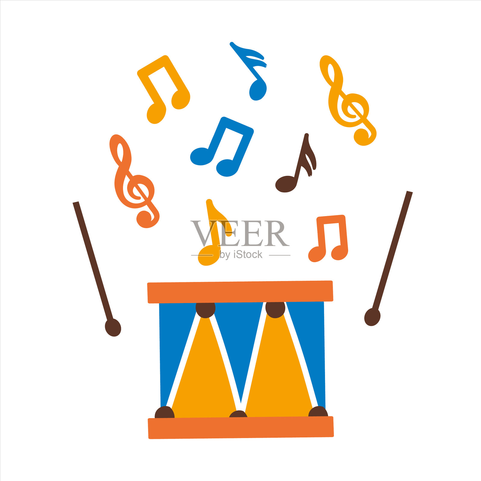 有鼓槌和绿色音符的孩子们的鼓插画图片素材