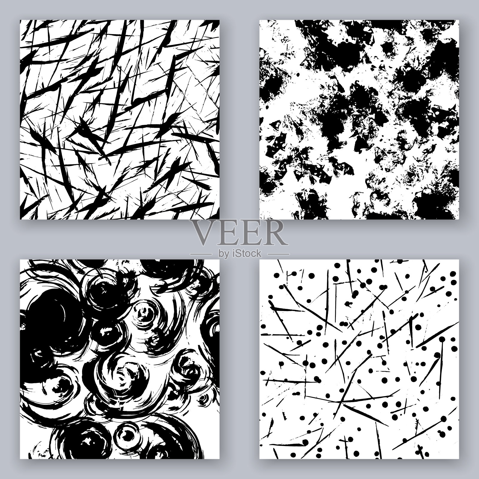 一套白色和黑色无缝模式。现代抽象设计。手绘油墨图案。插画图片素材