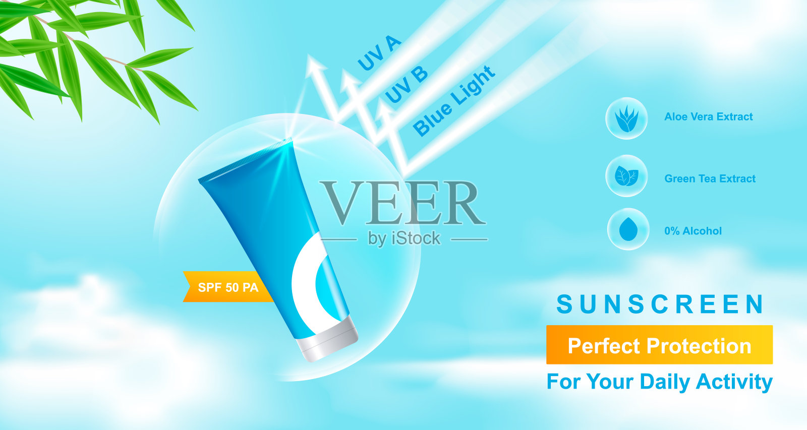 最小现代美容化妆品防晒产品展示横幅模板与蓝天云背景的品牌营销。包括图标，树叶，泡泡护罩球插画图片素材