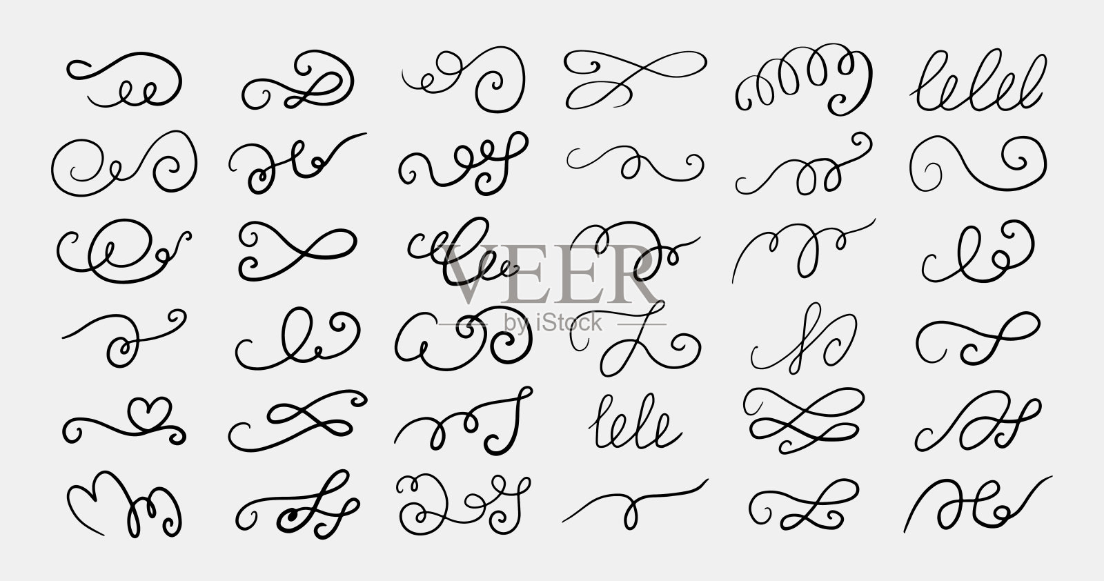 套不同的手画花卉漩涡华丽的装饰元素。装饰黑色墨水笔卷曲线条集合设计元素图片