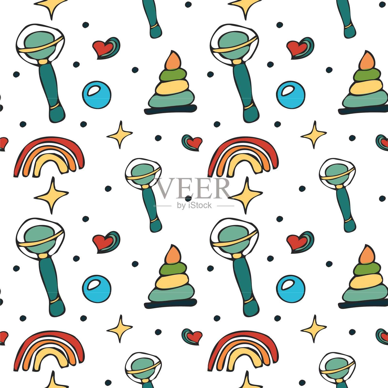 无缝图案与婴儿玩具彩虹拨浪鼓插画图片素材