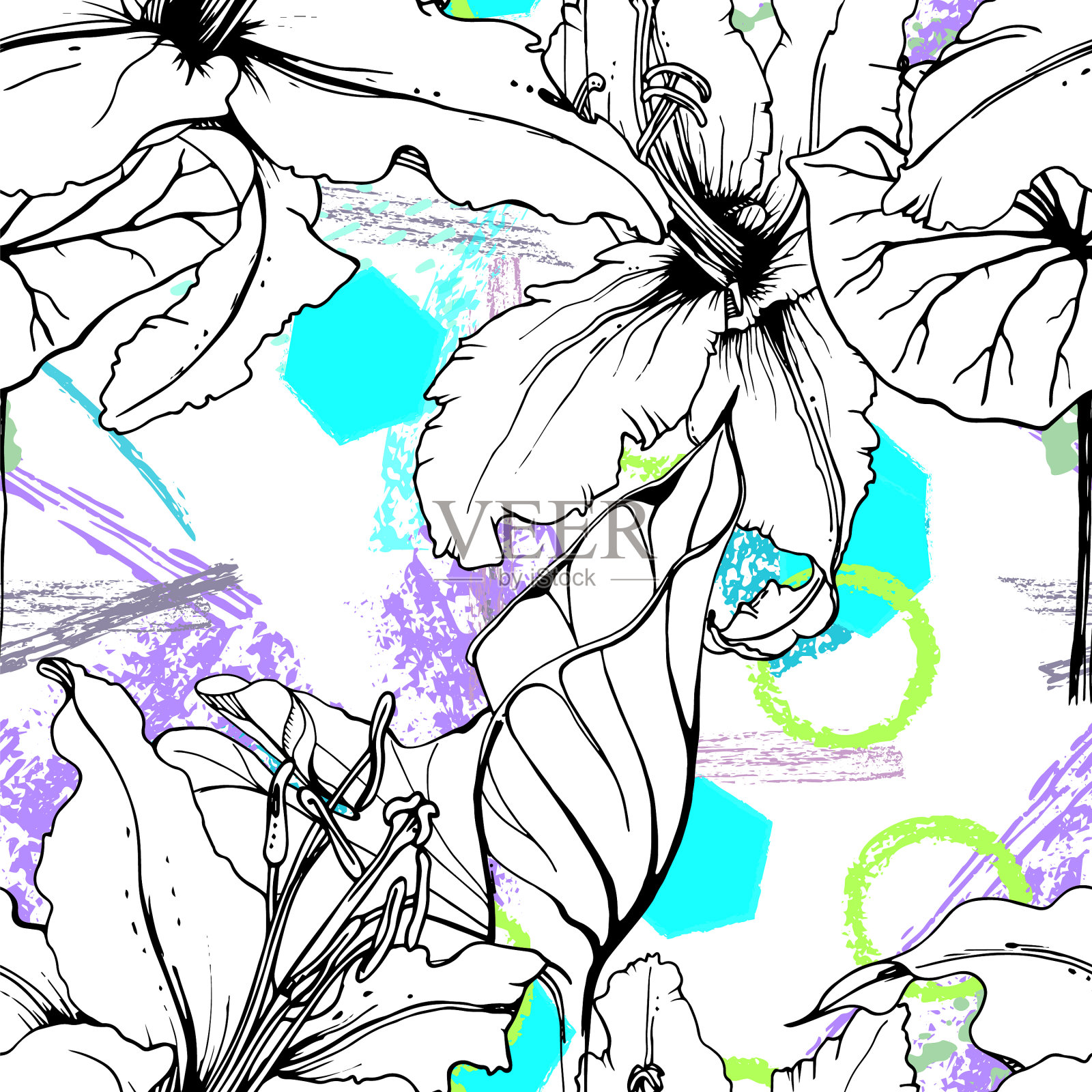 花几何打印热带丛林树叶刷插画图片素材