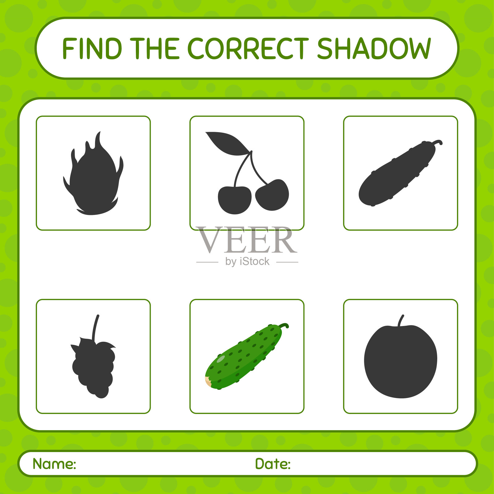 找到正确的黄瓜阴影游戏。学龄前儿童的工作表，儿童活动表插画图片素材