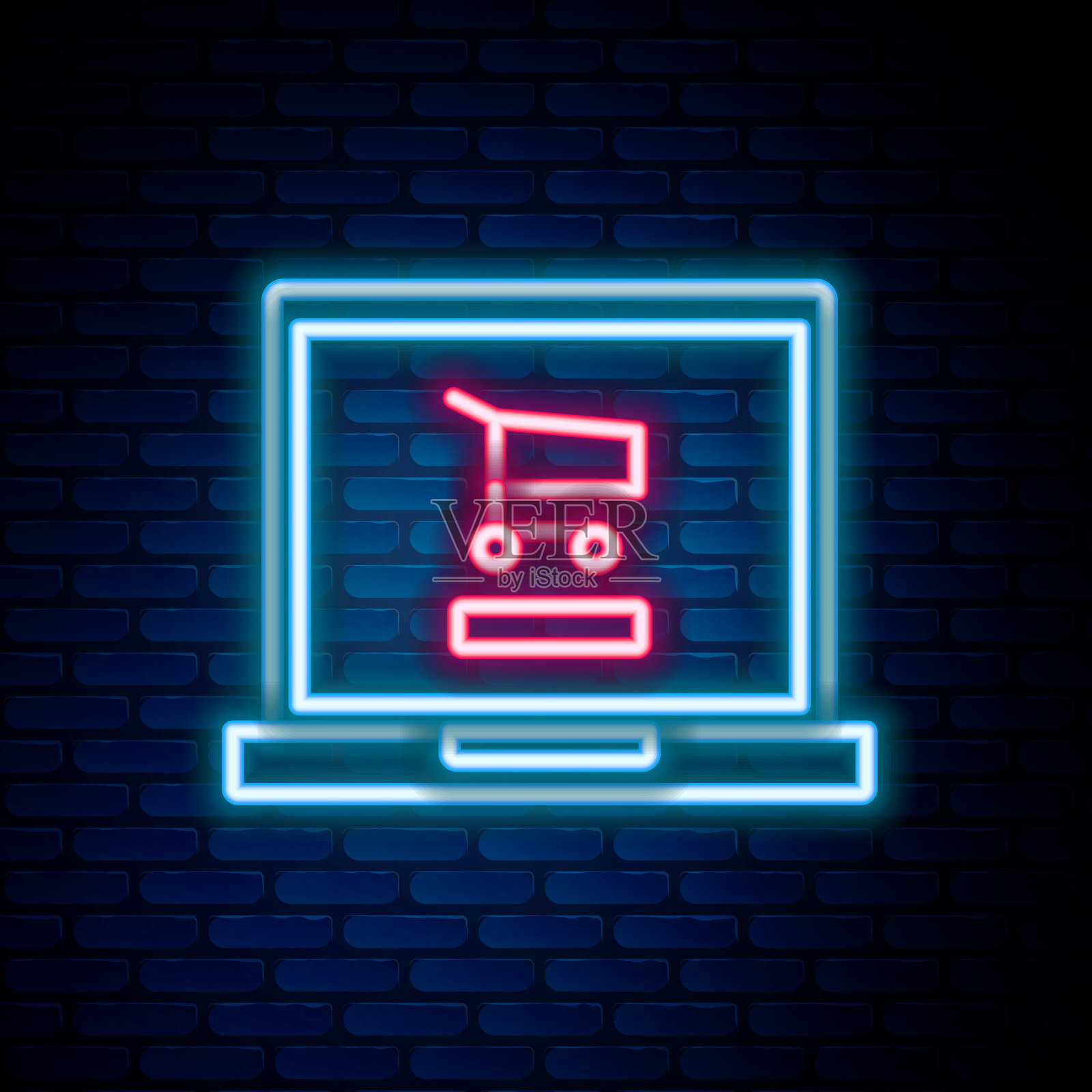 发光的霓虹灯线购物车屏幕上的笔记本电脑插画图片素材