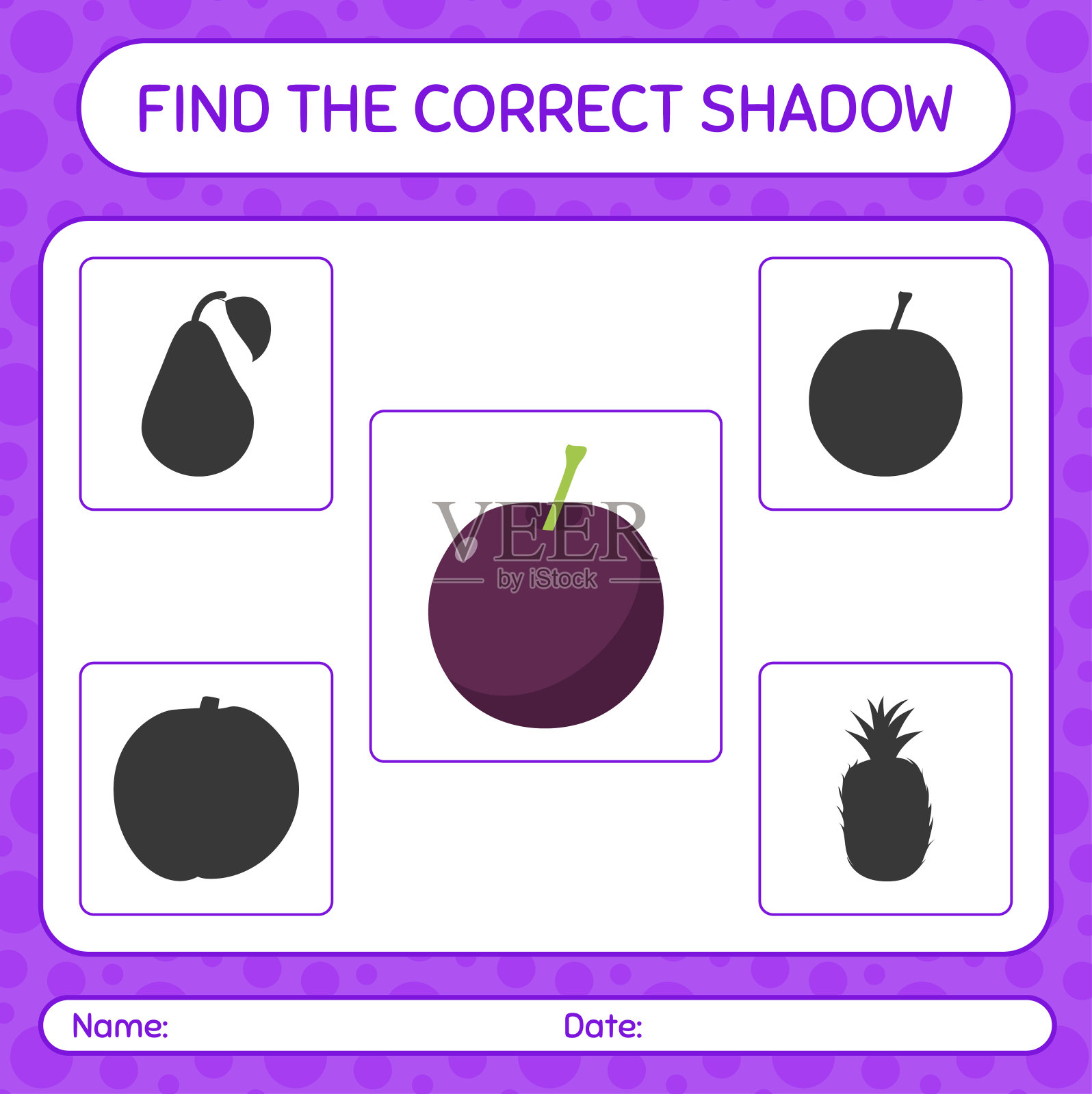找到正确的阴影游戏与李子。学龄前儿童的工作表，儿童活动表插画图片素材