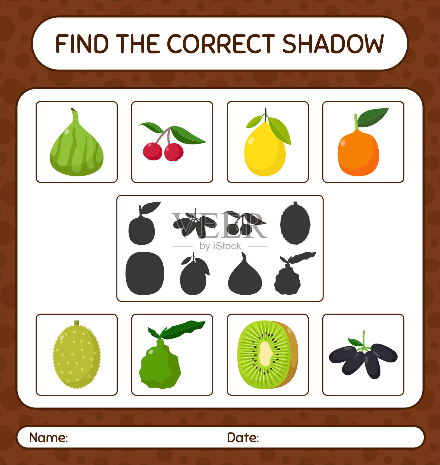 用水果找到正确的阴影游戏。学龄前儿童的工作表，儿童活动表插画图片素材