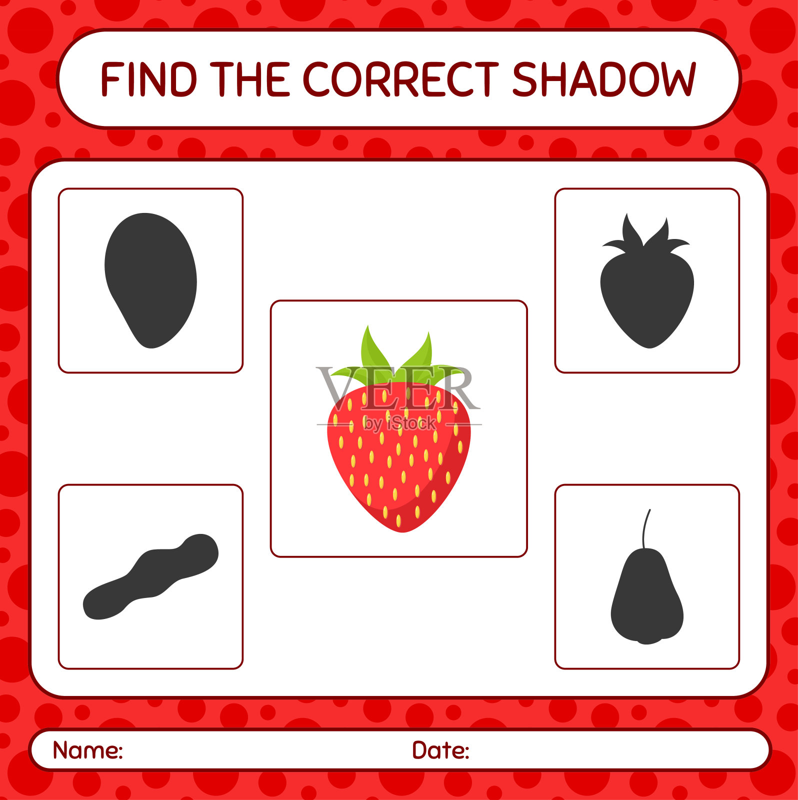 找到正确的草莓阴影游戏。学龄前儿童的工作表，儿童活动表插画图片素材