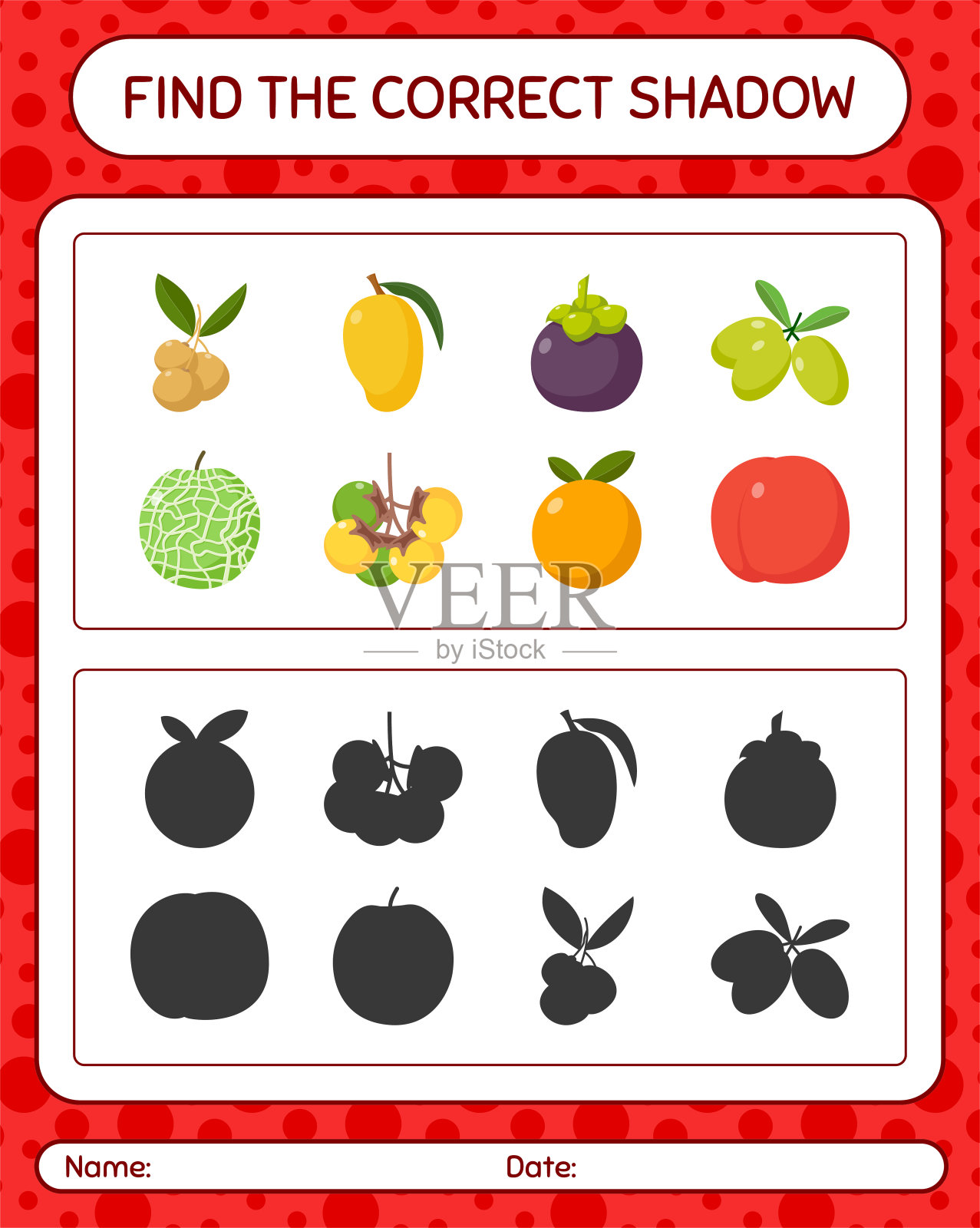 用水果找到正确的阴影游戏。学龄前儿童的工作表，儿童活动表插画图片素材