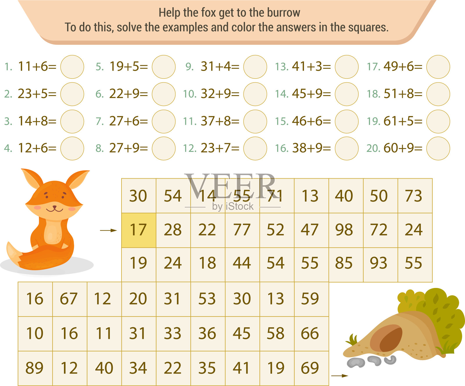 数学迷宫。为了找到答案，请解出这些例子，并在方格内填上答案插画图片素材