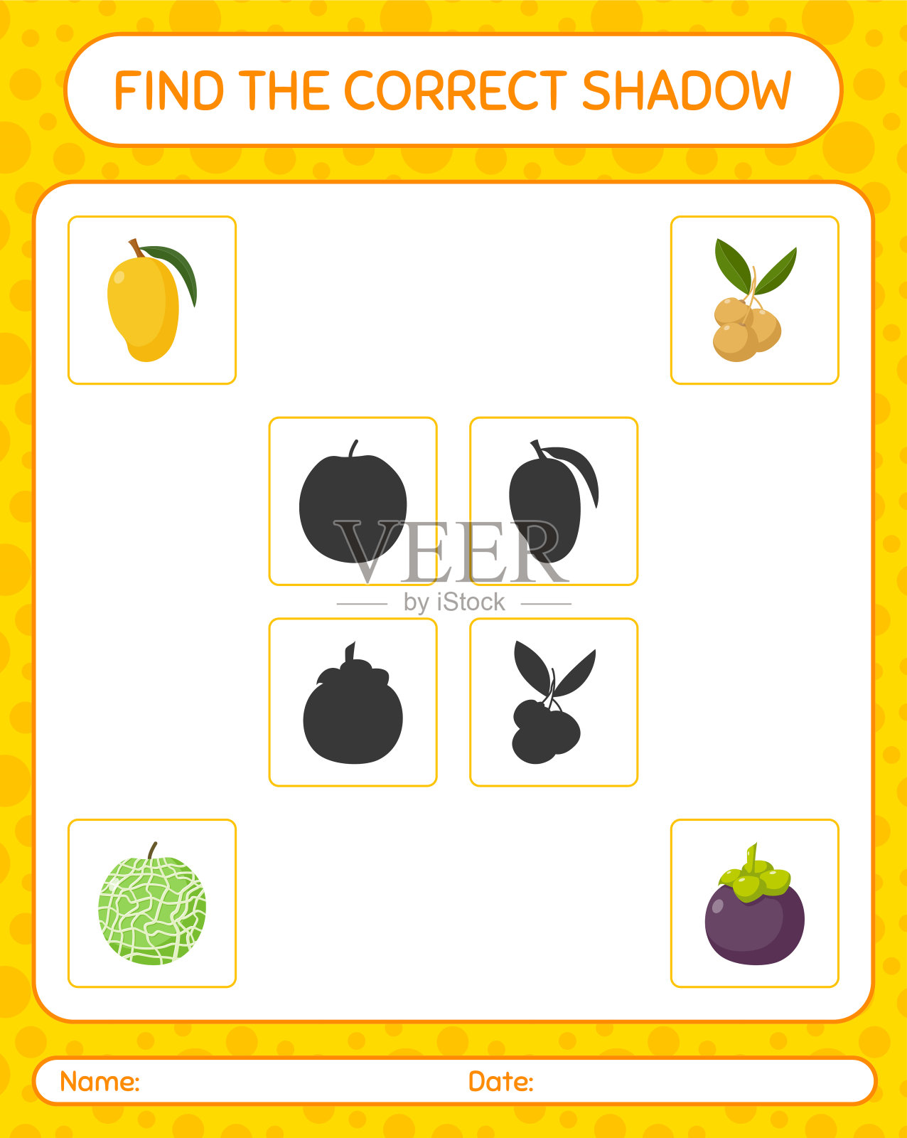 用水果找到正确的阴影游戏。学龄前儿童的工作表，儿童活动表插画图片素材