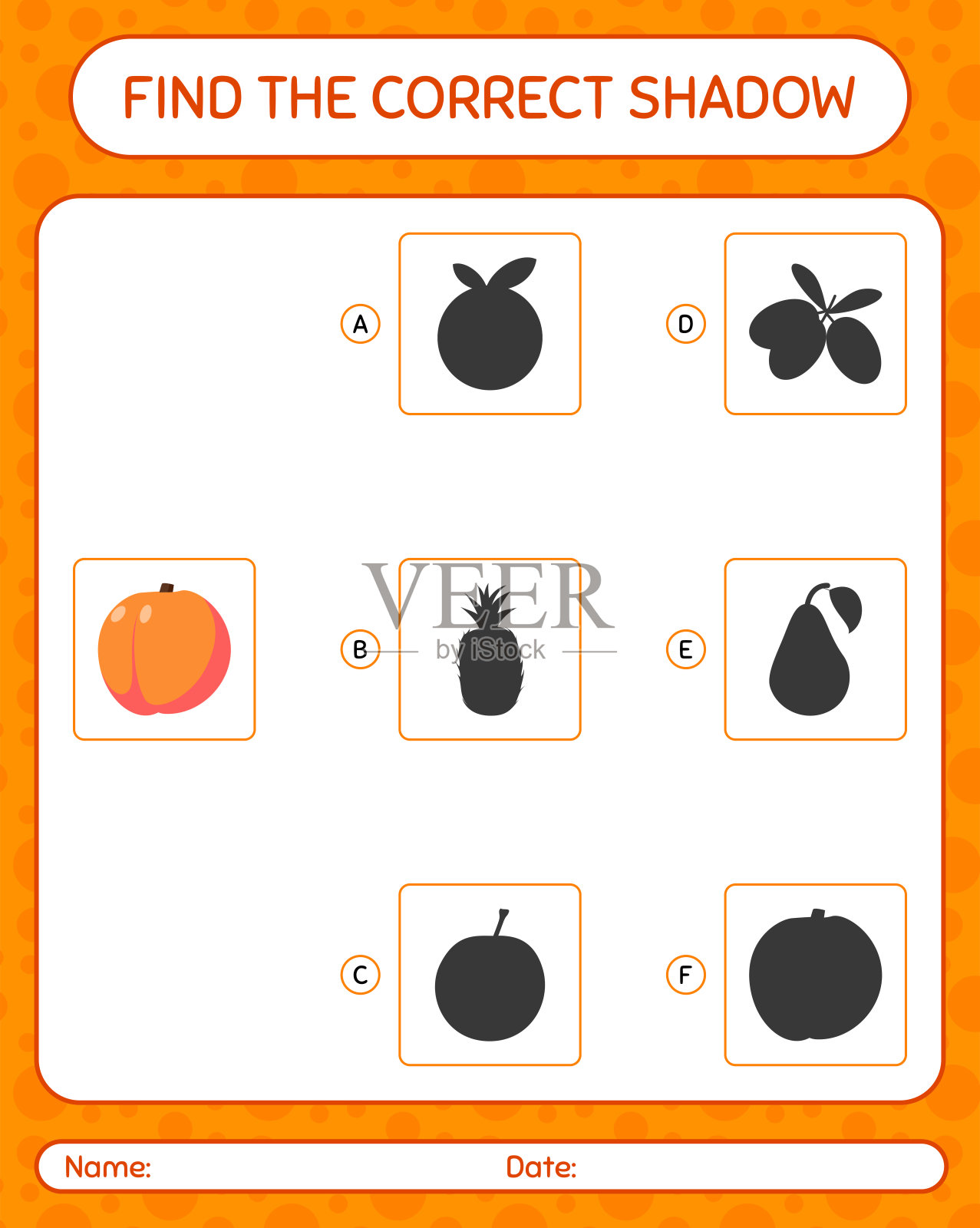 用桃子找到正确的阴影游戏。学龄前儿童的工作表，儿童活动表插画图片素材