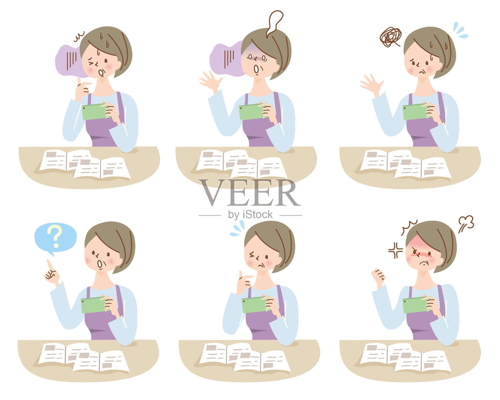 中年妇女在用智能手机否定面部表情插画图片素材