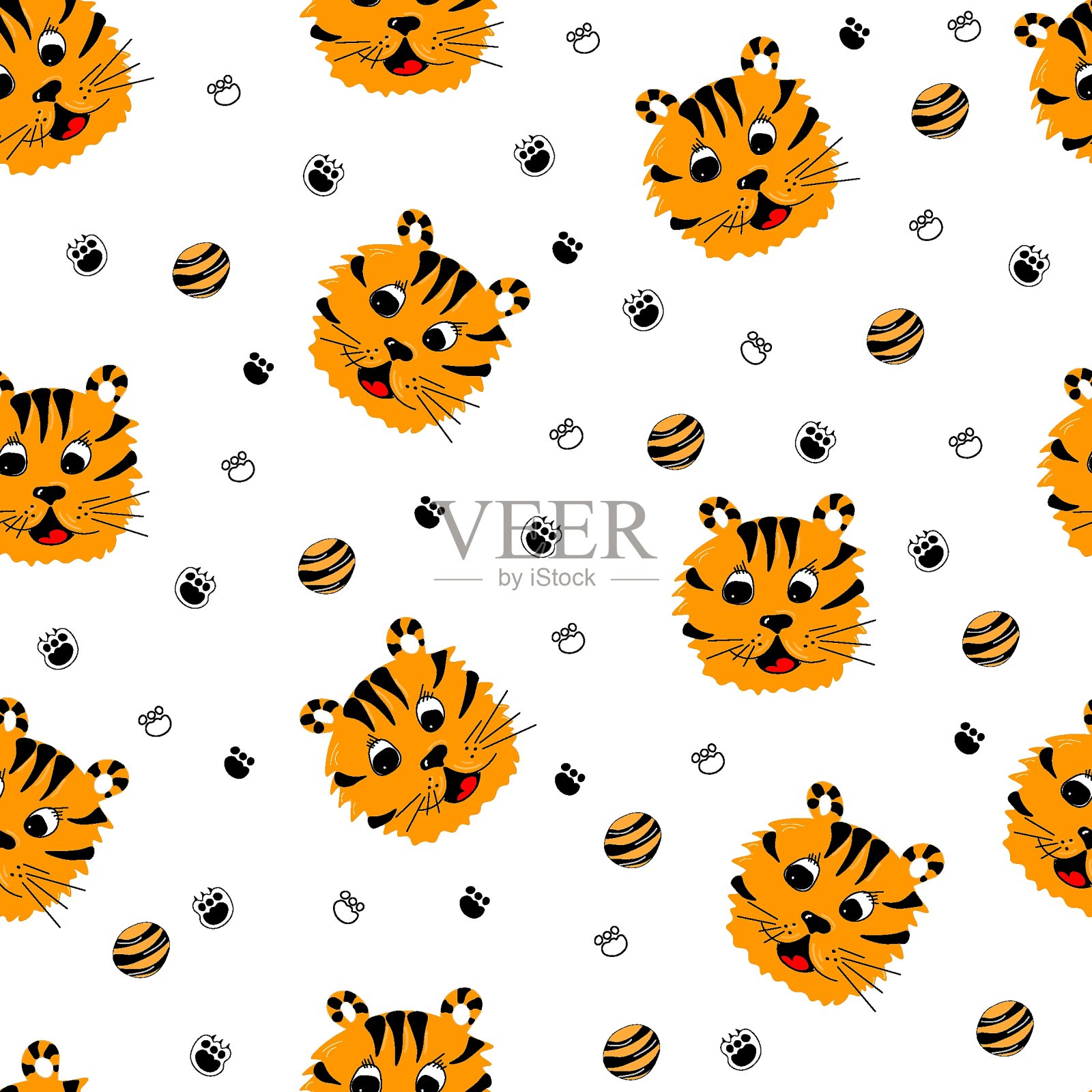 矢量无缝模式的老虎的嘴与爪子和婴儿球。明亮的婴儿无缝模式模型。插画图片素材