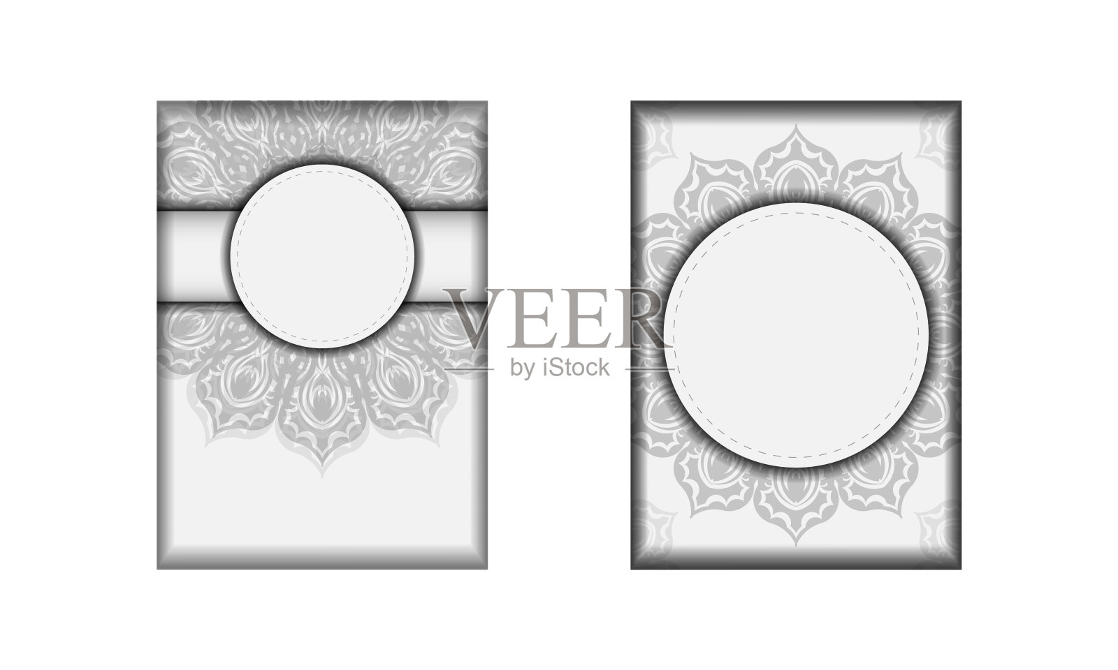 为您印刷设计明信片模板在白色与黑色曼荼罗装饰。Vector准备您的邀请卡与您的文本和模式的地方。插画图片素材