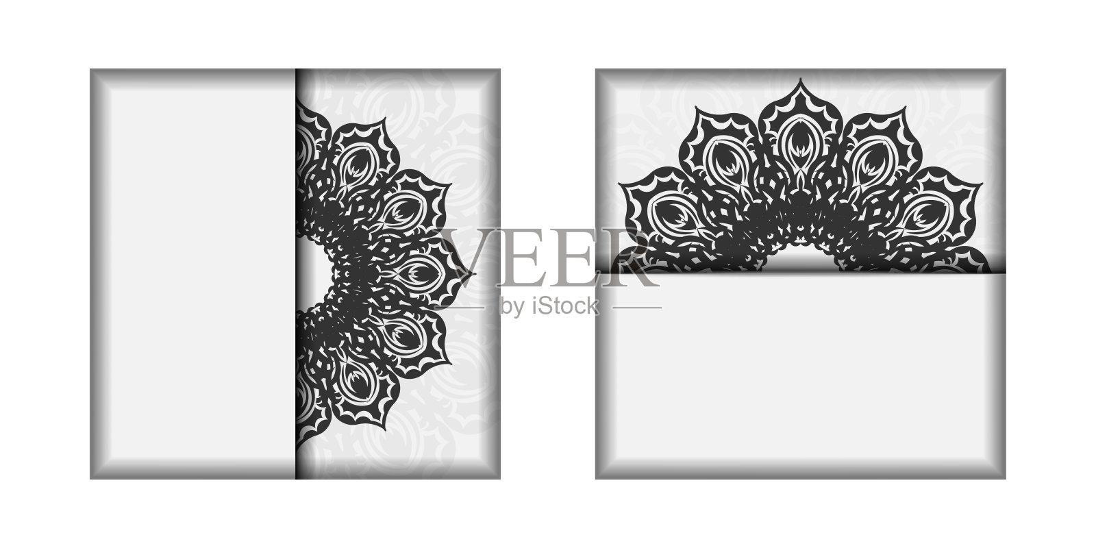 为您准备的白色明信片设计，带有黑色曼陀罗装饰。带有文本和图案空间的邀请函模板。插画图片素材