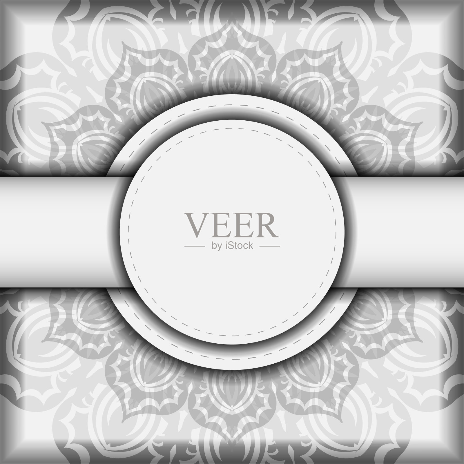 带文本框和装饰的邀请卡模板，带黑色曼陀罗装饰的白色矢量明信片设计插画图片素材