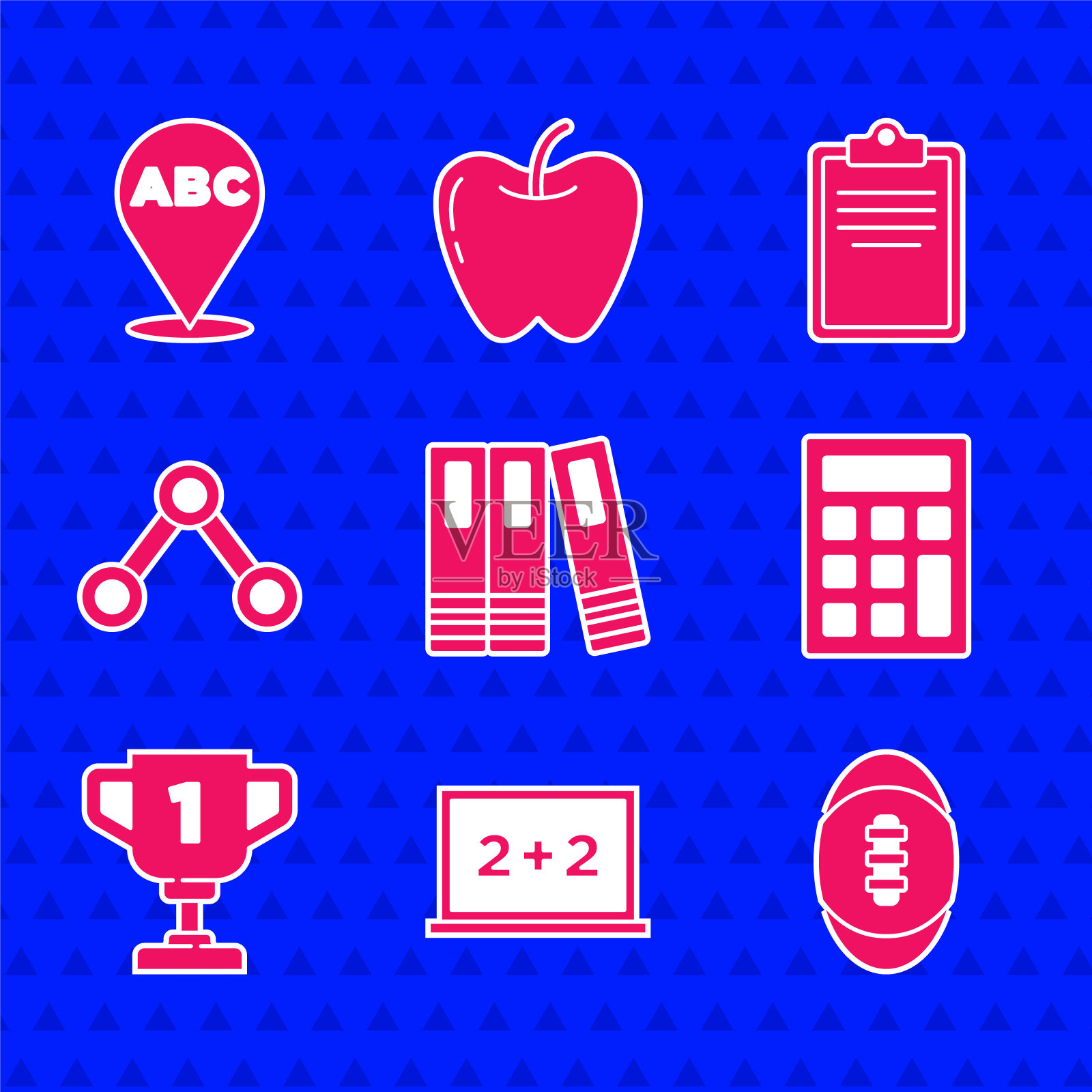 设置办公文件夹，黑板，美式足球，计算器，奖杯，分子，带有清单和字母图标的剪贴板。向量图标素材