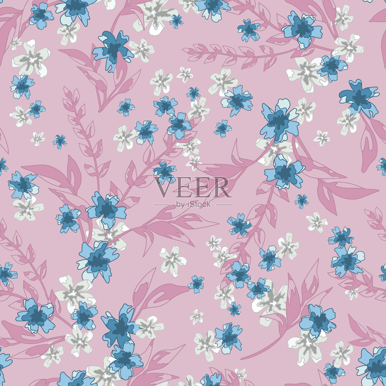 粉红色和蓝色花卉无缝图案背景插画图片素材