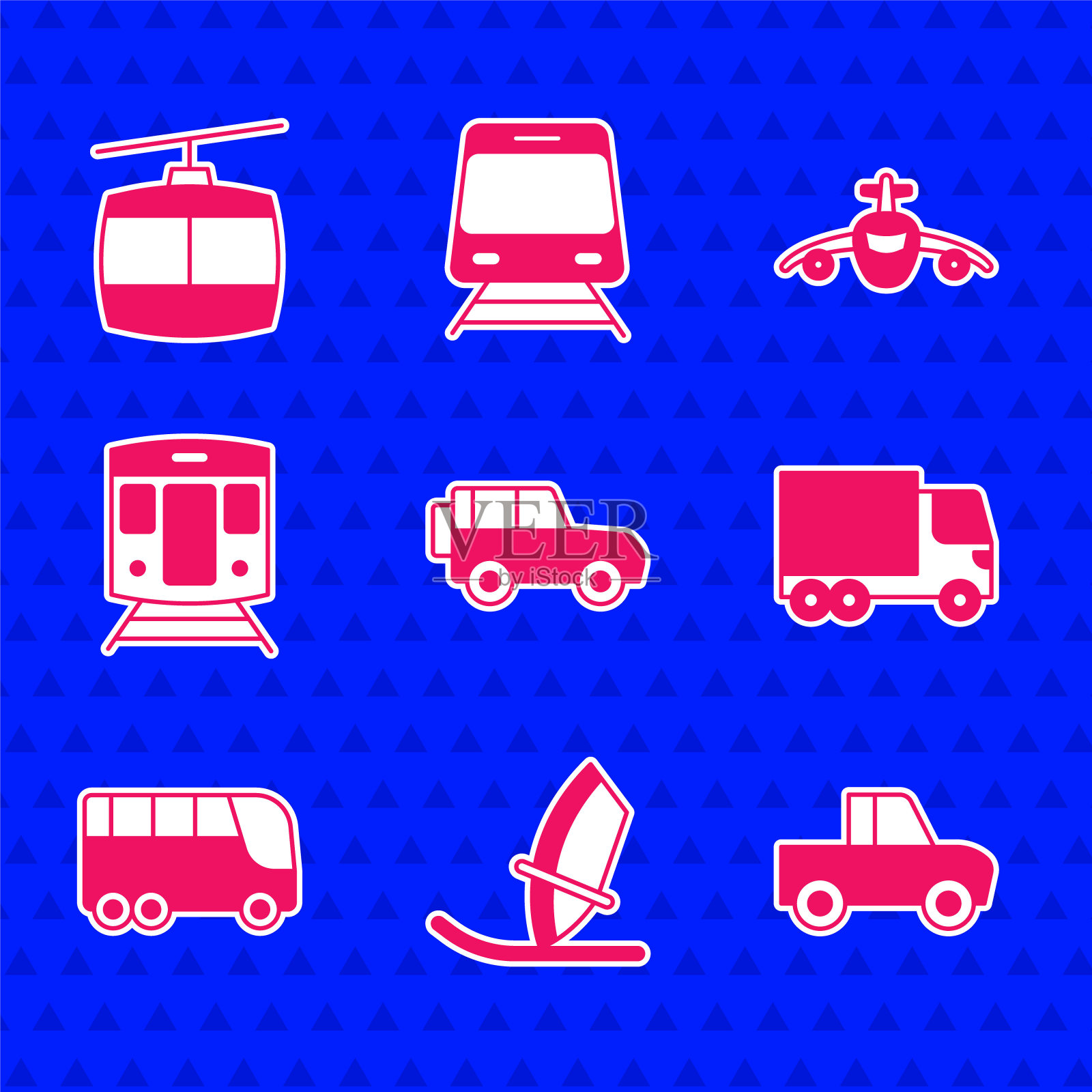 出发公路汽车，风帆冲浪，皮卡，货运，巴士，火车和铁路，飞机和电缆图标。向量图标素材