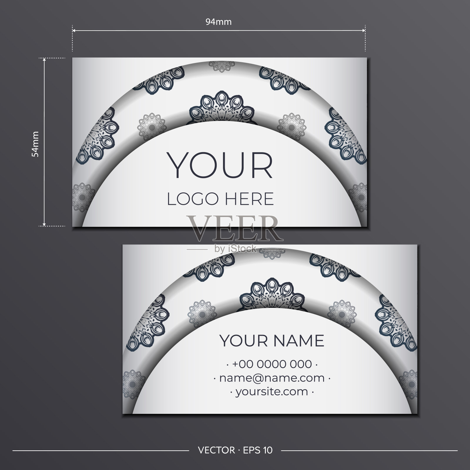 印刷准备好的名片设计在白色与黑色复古图案。希腊装饰的名片模板。设计模板素材