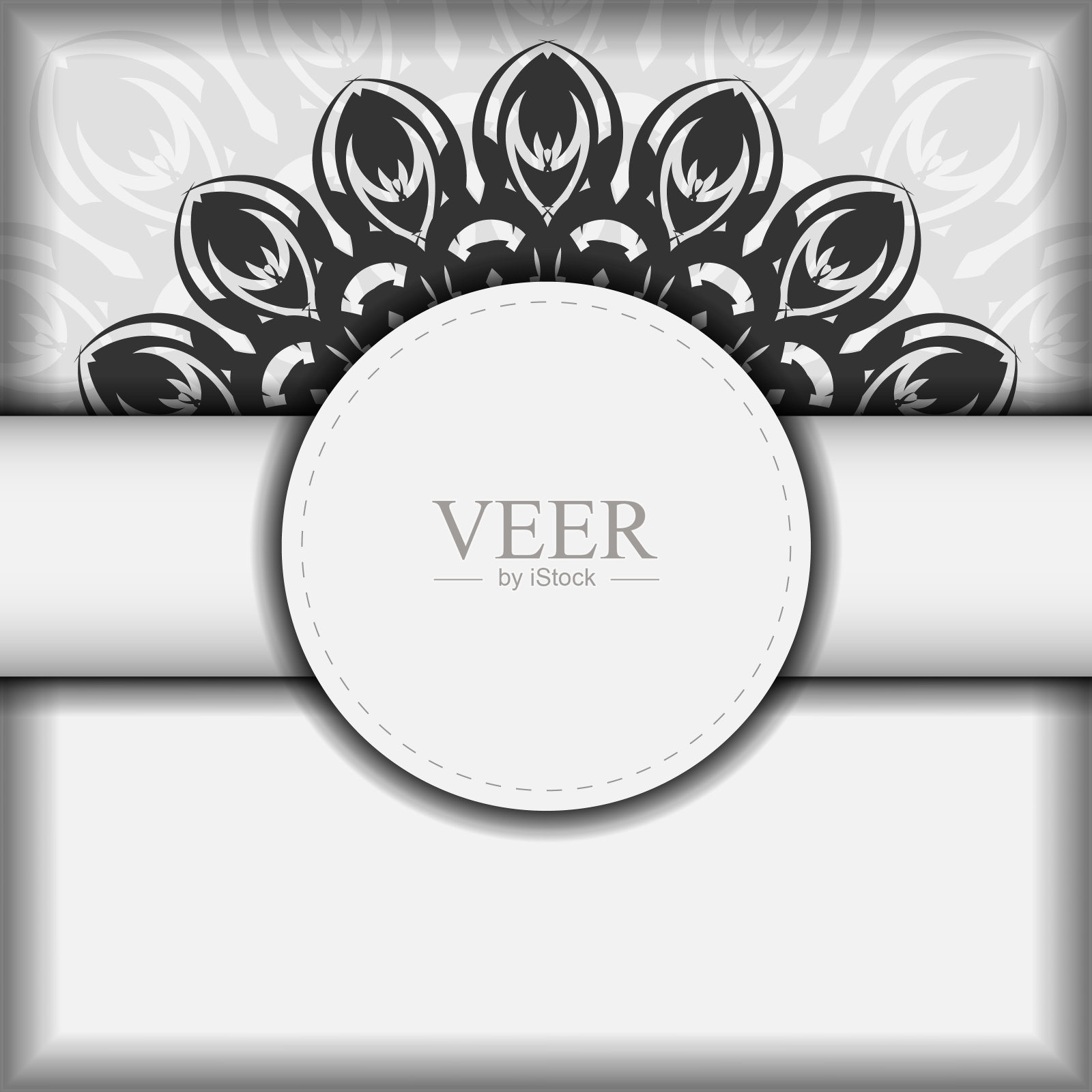 矢量设计明信片白色与曼陀罗。邀请卡设计与您的文字和黑色装饰的空间。插画图片素材