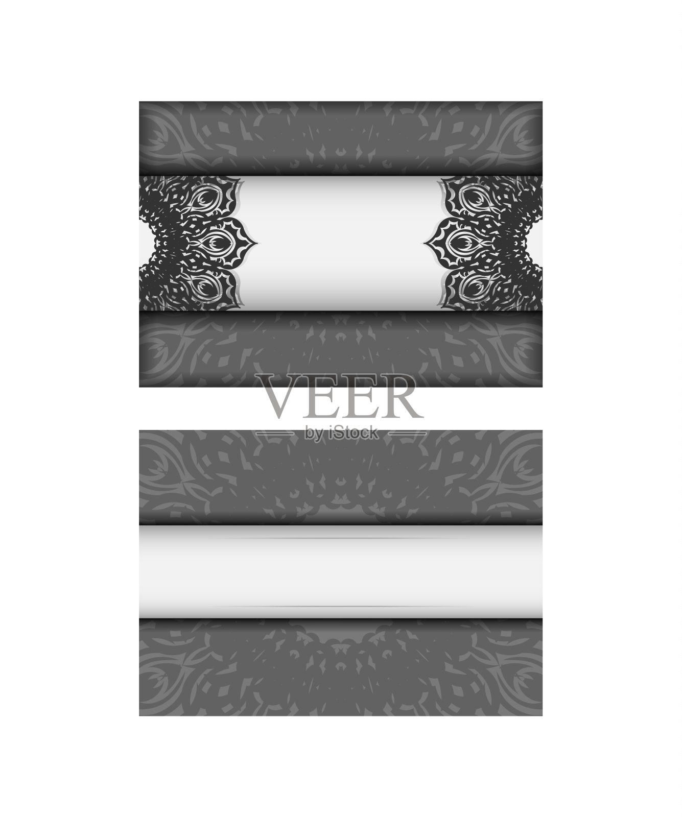 带有文本和装饰的矢量邀请卡模板。白色明信片设计与黑色曼荼罗装饰插画图片素材