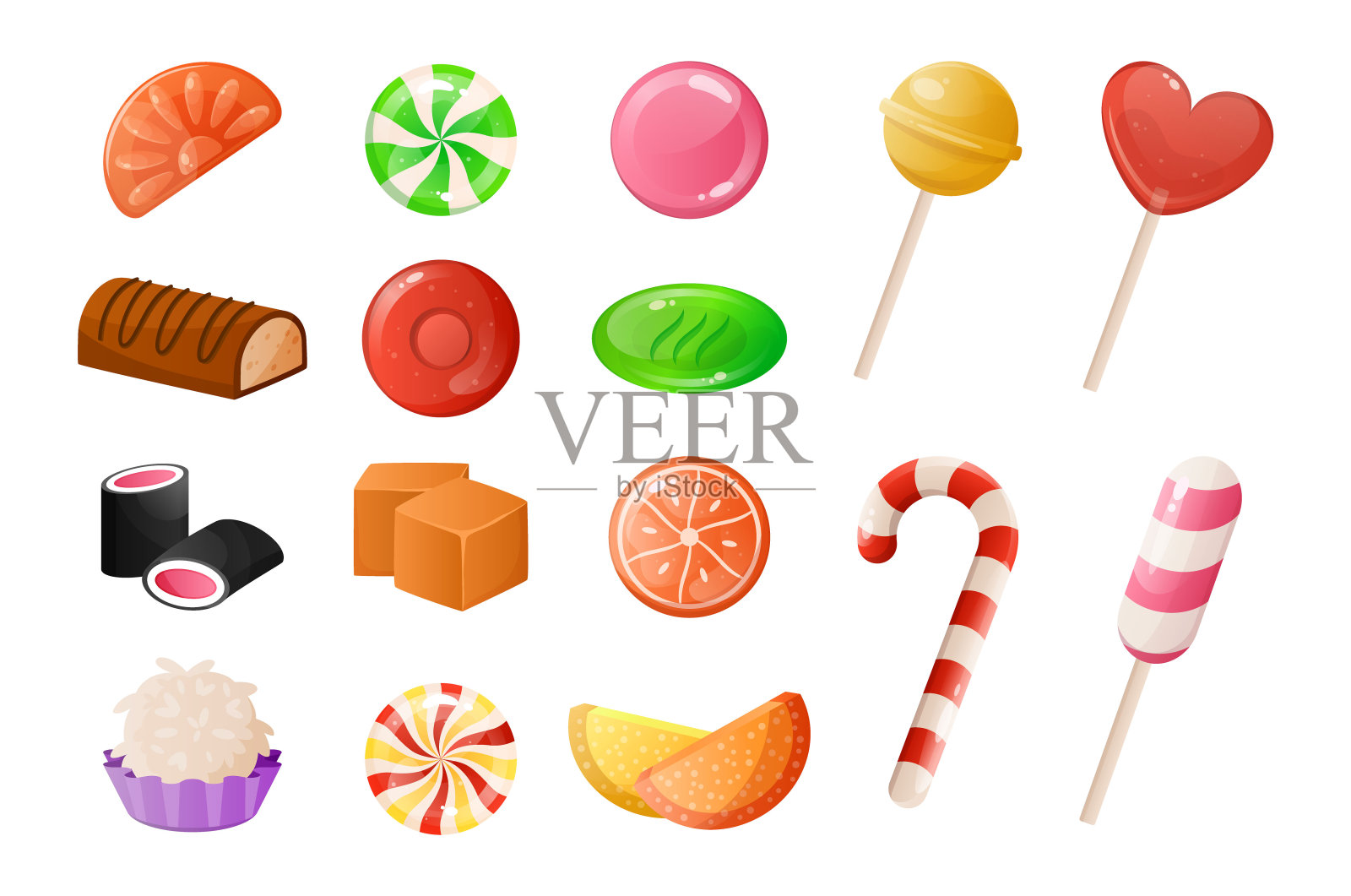 卡通糖果。甜蜜的焦糖的甜点。棒棒糖和软糖果冻。圆形或方形的太妃糖和巧克力糖。孤立的硬而耐嚼的棒棒糖。向量蜜饯集设计元素图片