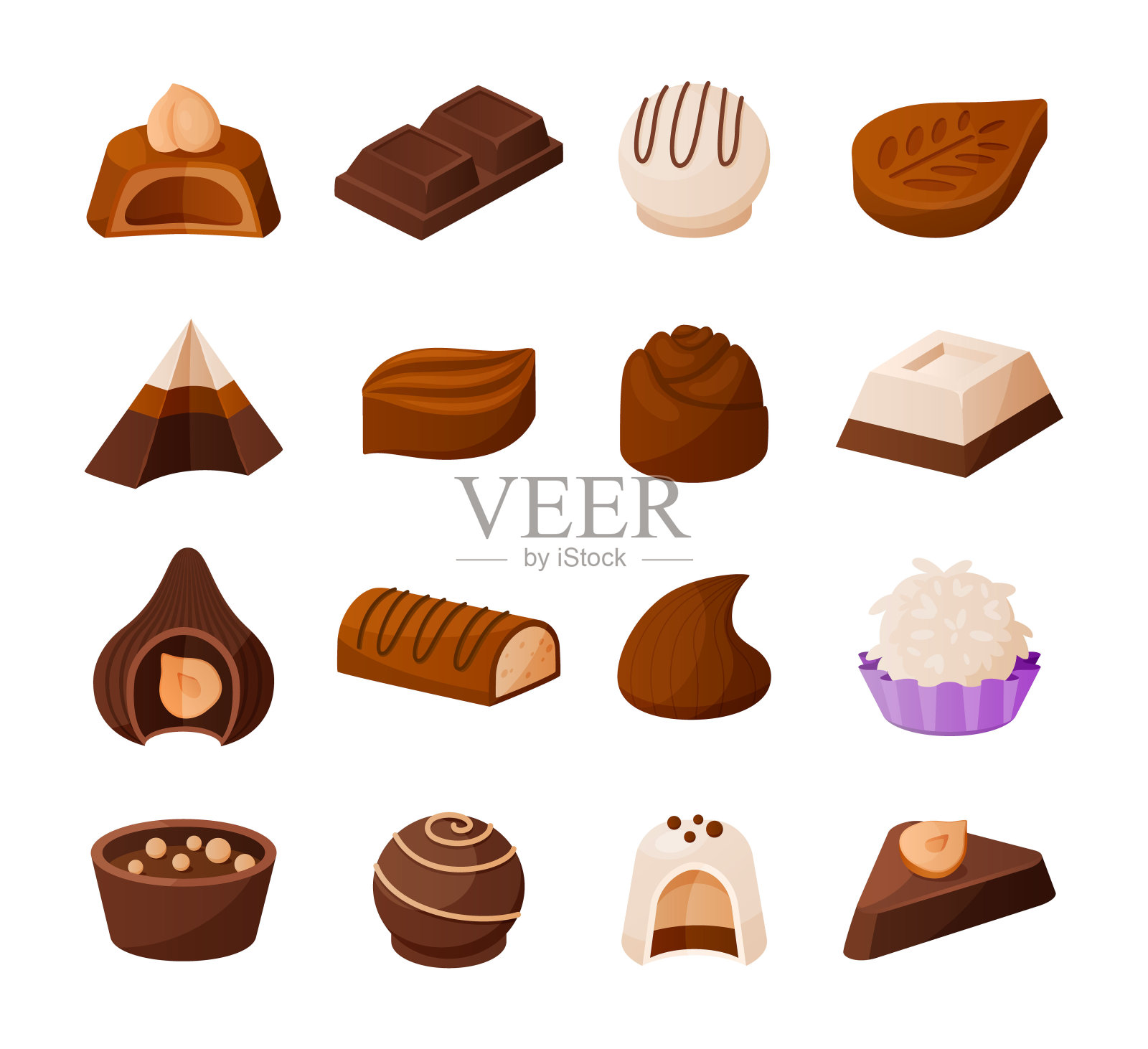 巧克力糖果。卡通糖果收藏。甜牛奶和可可加上坚果或奶油果仁的甜点。美味的糖果。各种美味的松露。病媒隔离食品插画图片素材