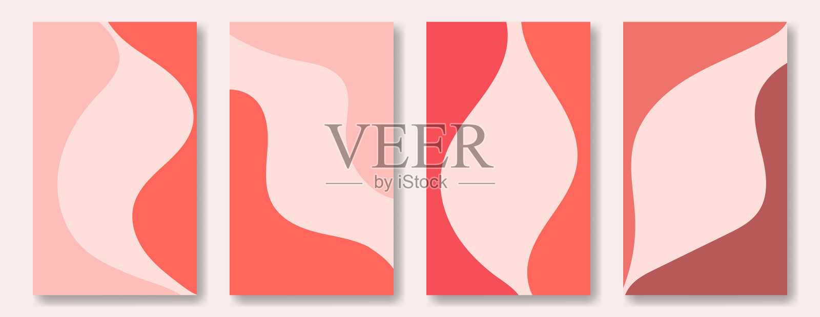 一套平面抽象背景在软粉红色和红色调色板，流动的形状。社交媒体发布模板的四个垂直插图插画图片素材