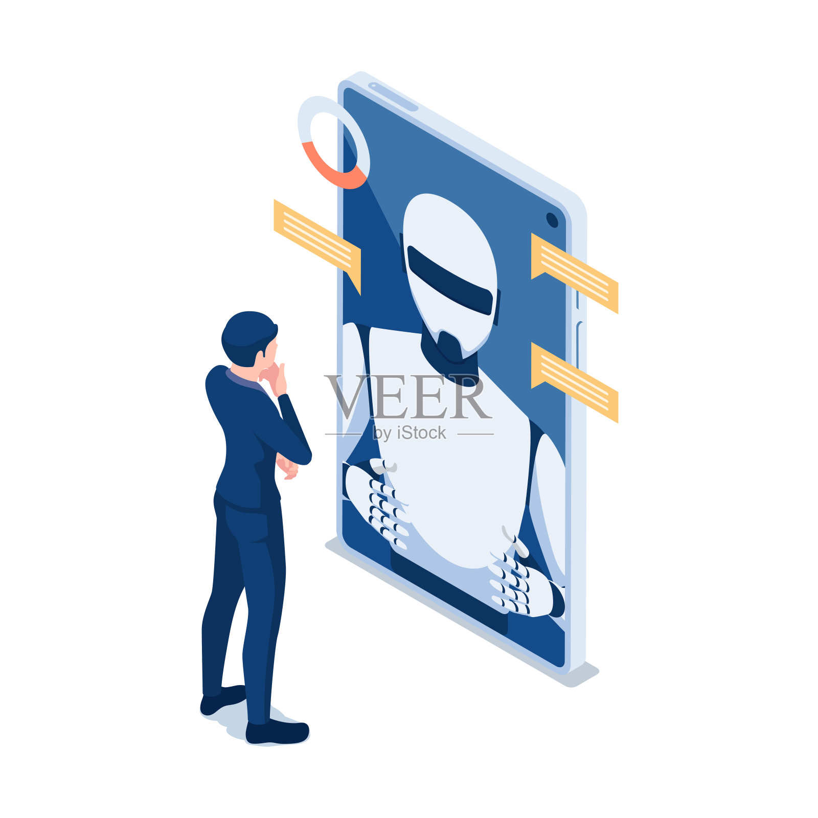 在智能手机上与聊天机器人交谈的等长商人插画图片素材