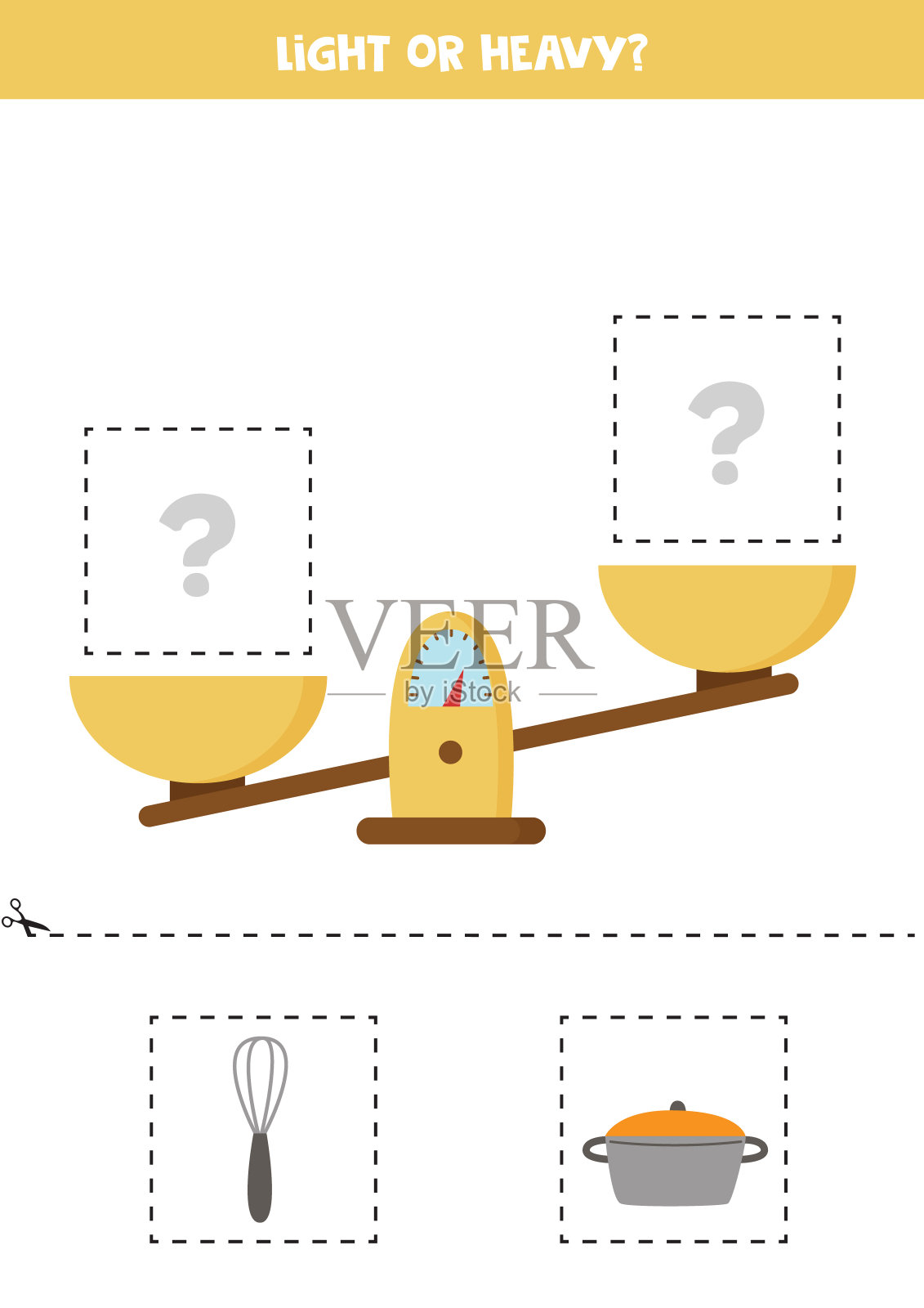 轻的、重的或相等的。把下面的图片剪下来，粘到右边的盒子上。插画图片素材