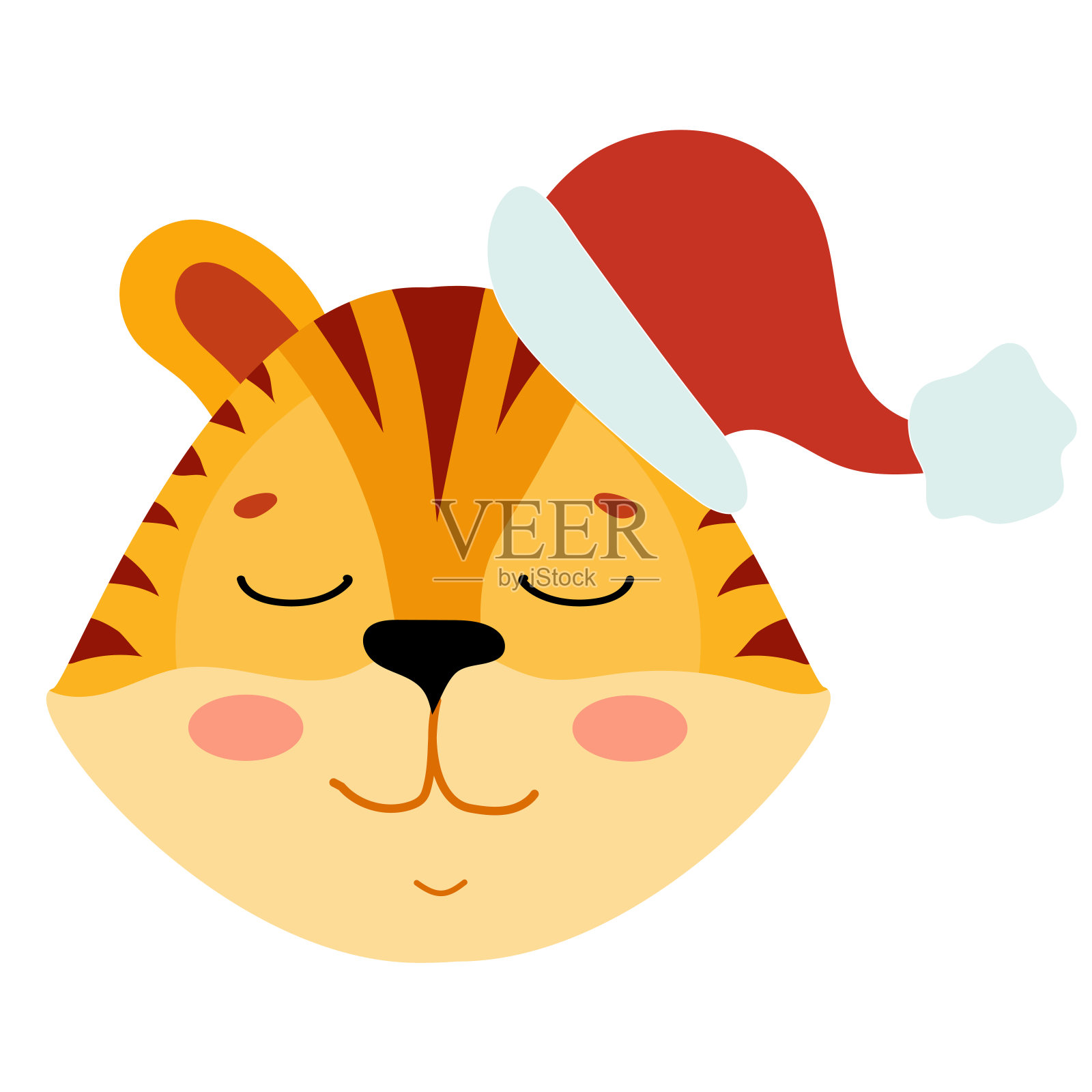 可爱的老虎的嘴。象征着新的一年。今年是虎年。戴着圣诞帽的猫斑猫。矢量插图孤立的白色背景。插画图片素材