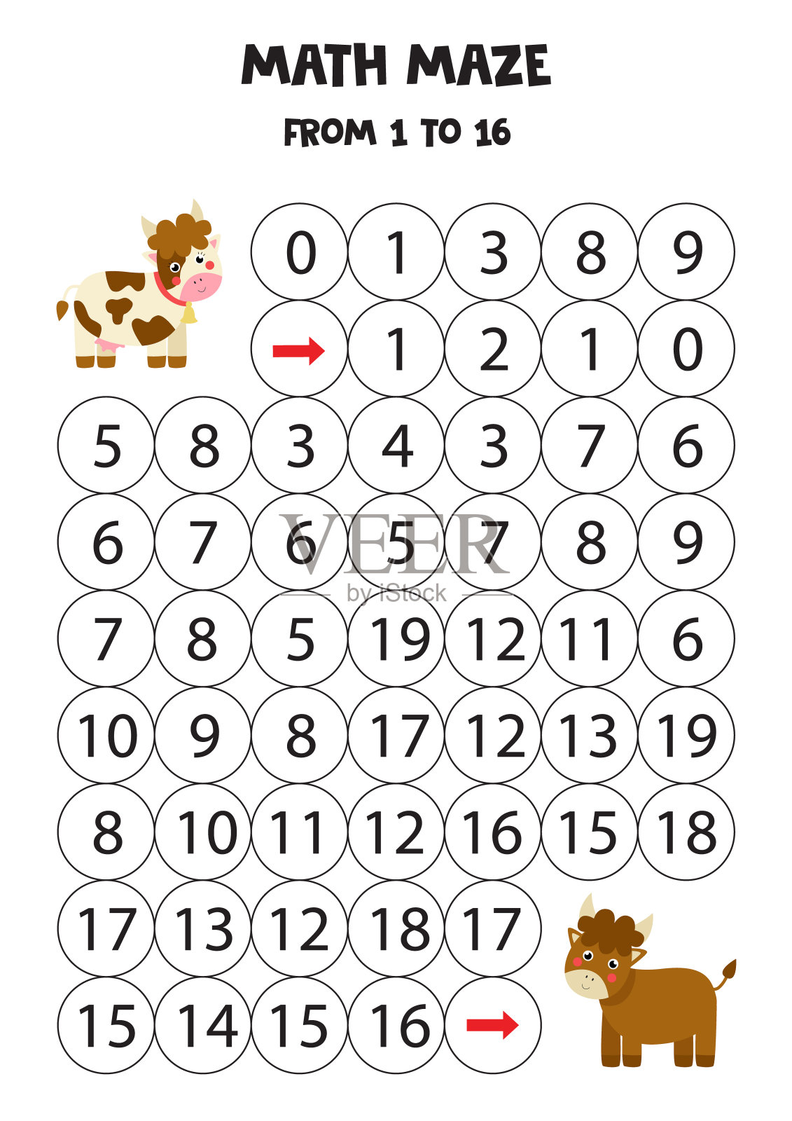 数到16，让可爱的母牛对公牛。插画图片素材