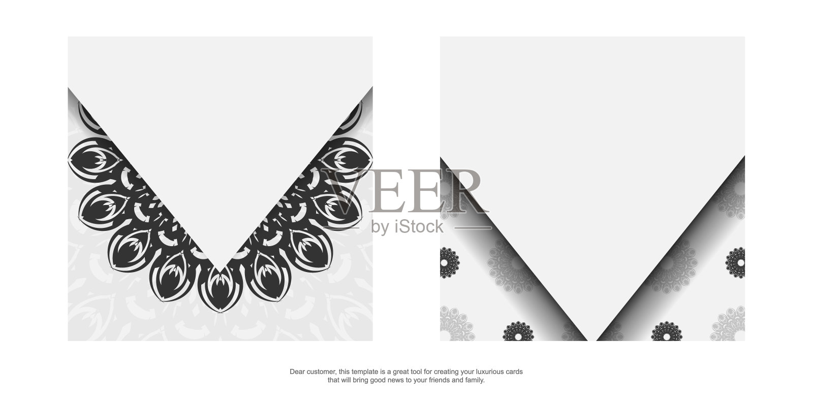 准备印刷明信片设计白色与曼荼罗装饰。邀请模板与您的文本和黑色图案的空间。插画图片素材