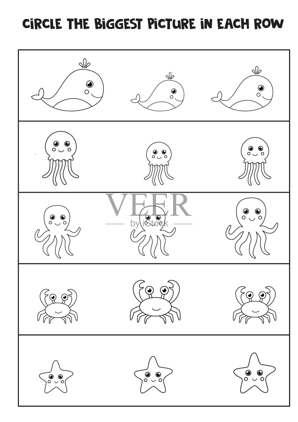 找出每一行中最大的海洋动物。插画图片素材