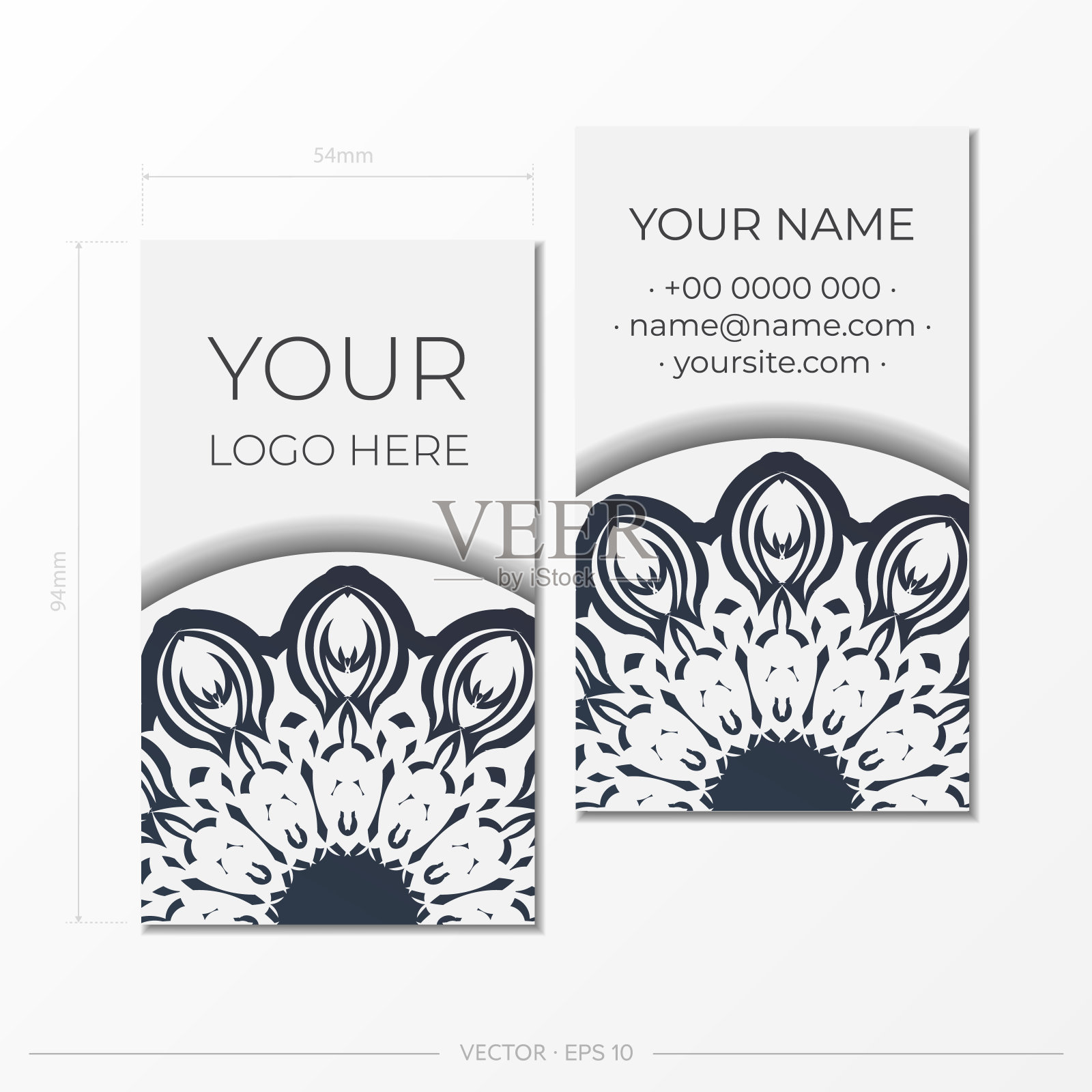 印刷名片设计的模板白色与黑色复古装饰。向量名片准备与希腊图案。设计模板素材