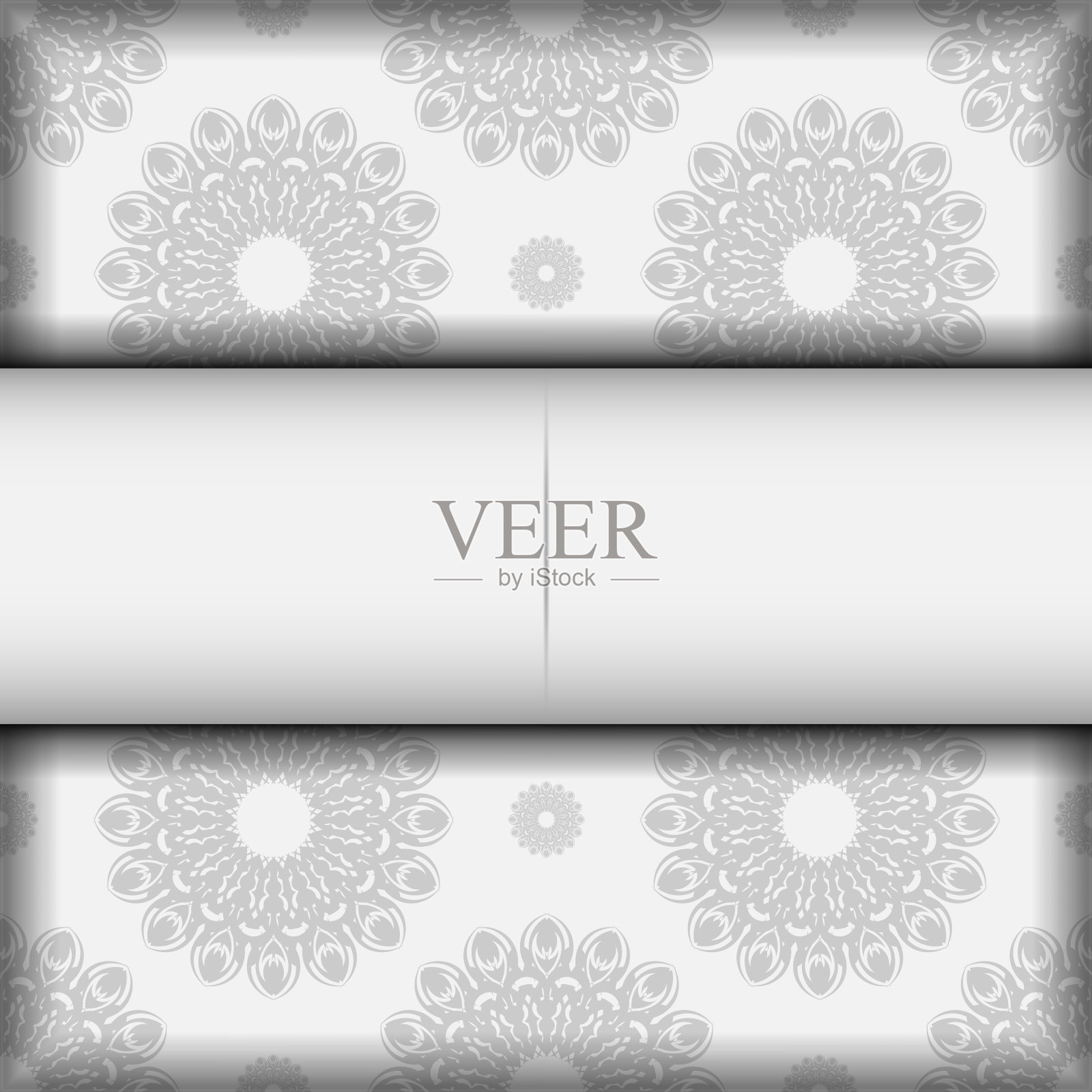 为印刷设计明信片的矢量模板与曼陀罗的白色颜色。准备一个邀请与你的文本和黑色装饰的地方。插画图片素材