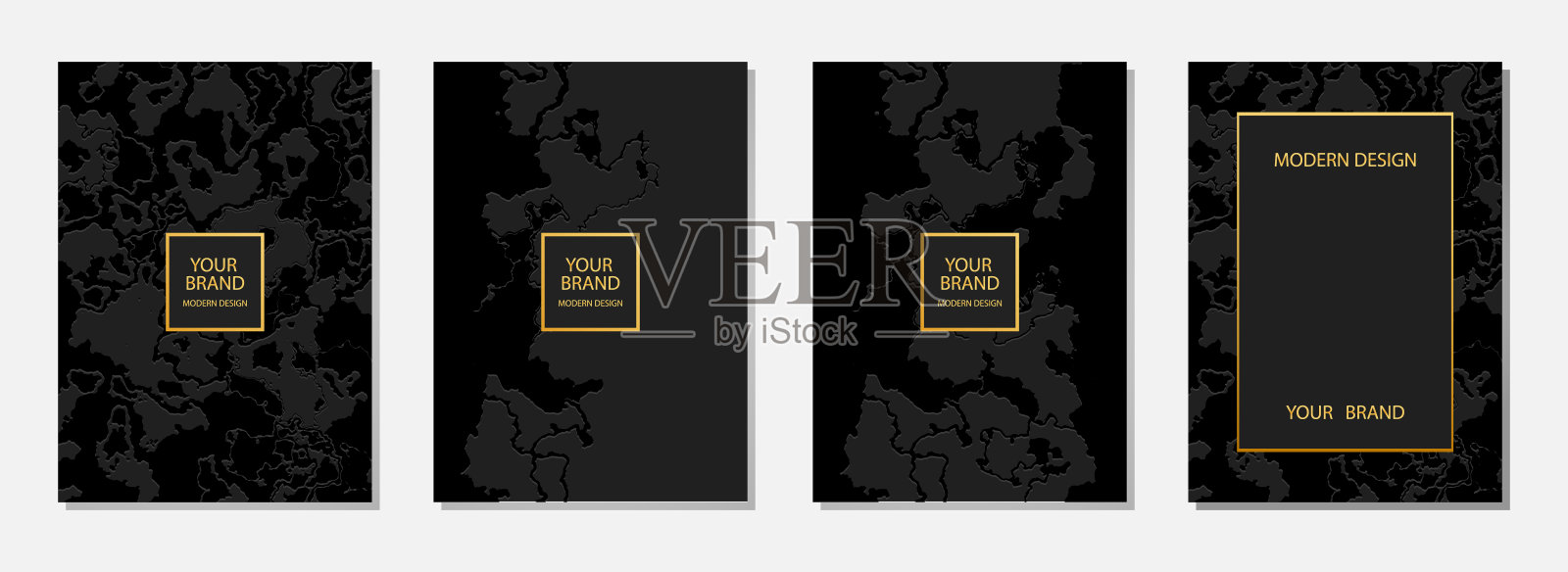 封面设计集，垂直矢量模板。几何浮雕，凸3D模式上的黑色背景与文本框架。插画图片素材