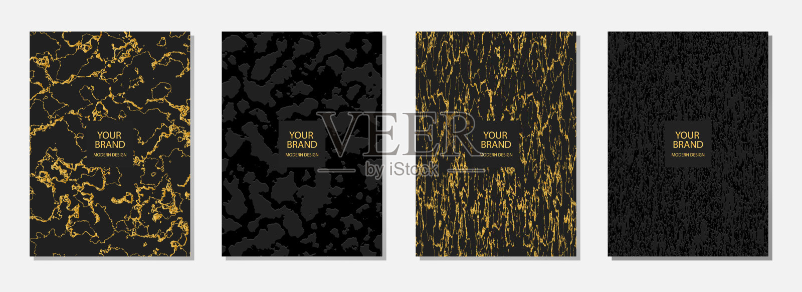 封面设计集，垂直矢量模板。几何浮雕，黄金垃圾图案在黑色背景与文本框架。插画图片素材