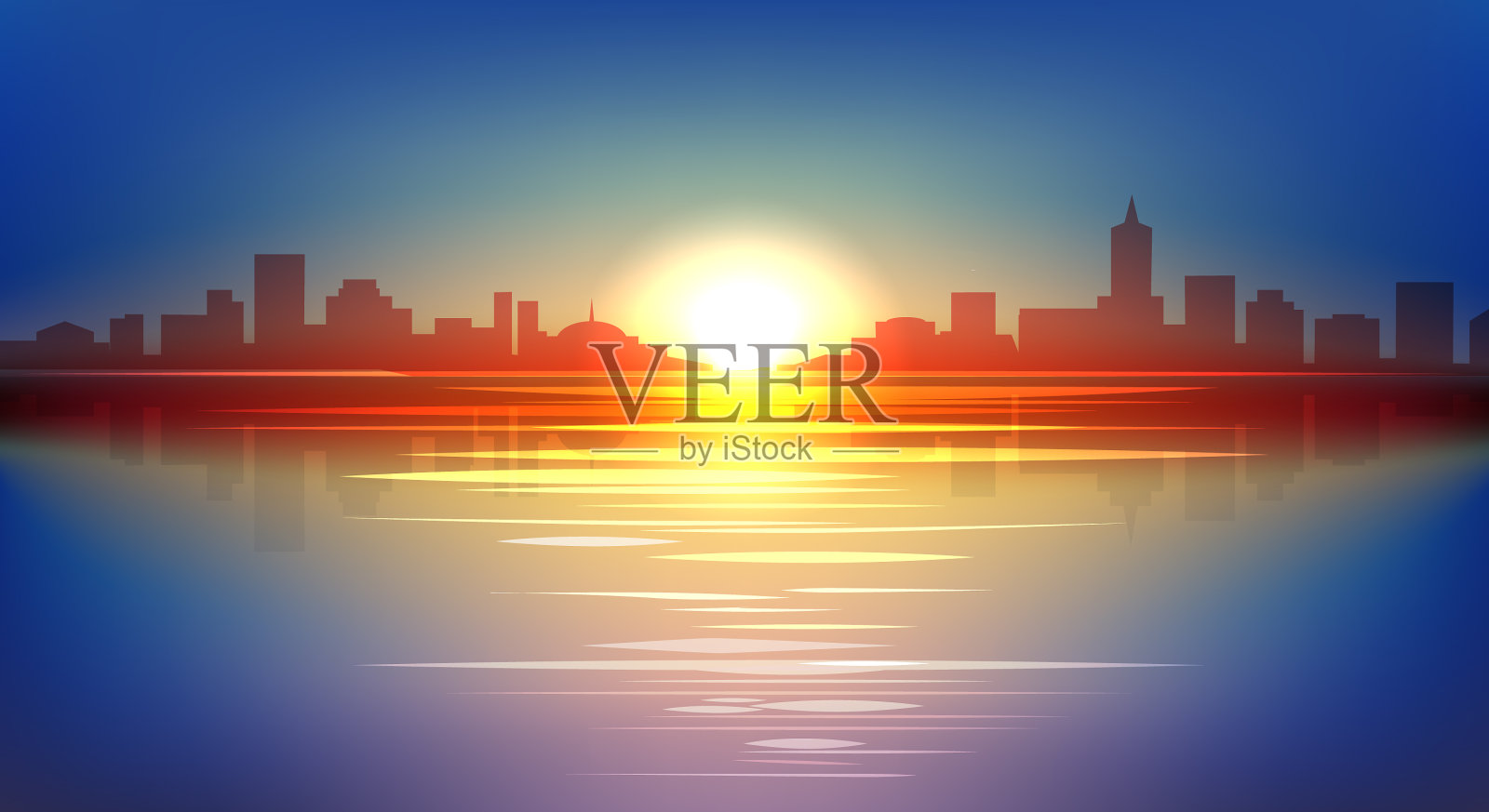 城市日出卡通全景图插画图片素材