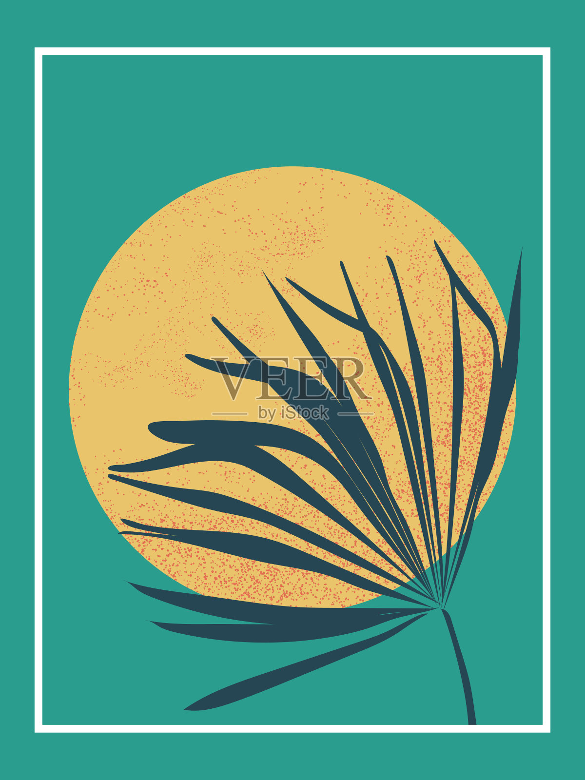 阳光背景上的热带棕榈叶。蓝色背景的室内设计装饰画。向量。插画图片素材