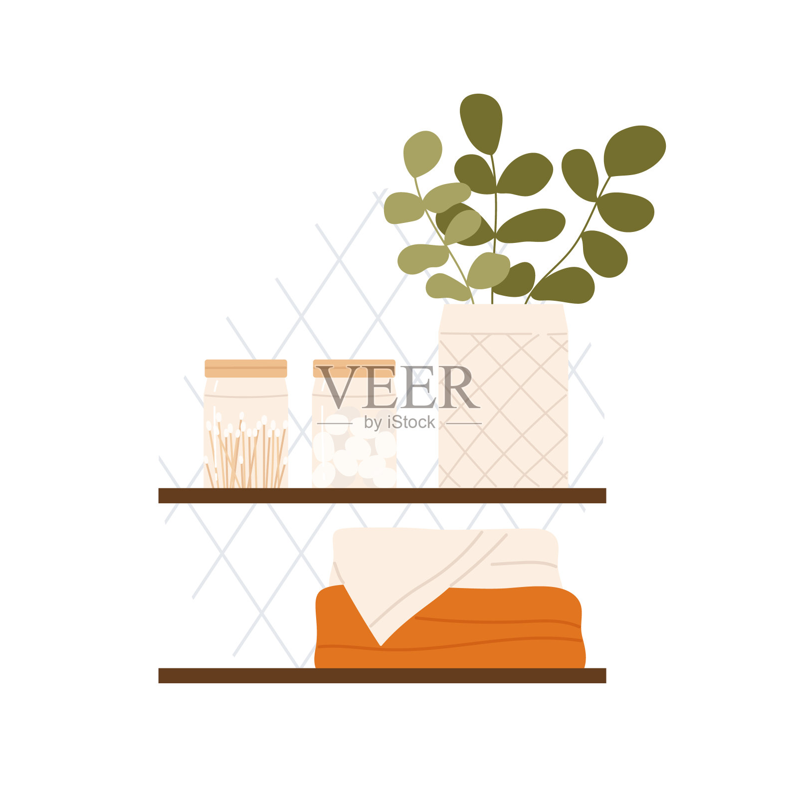 带有化妆品、毛巾和植物的现代浴室架子。舒适的架子与日常身体护理。平面卡通矢量插图插画图片素材