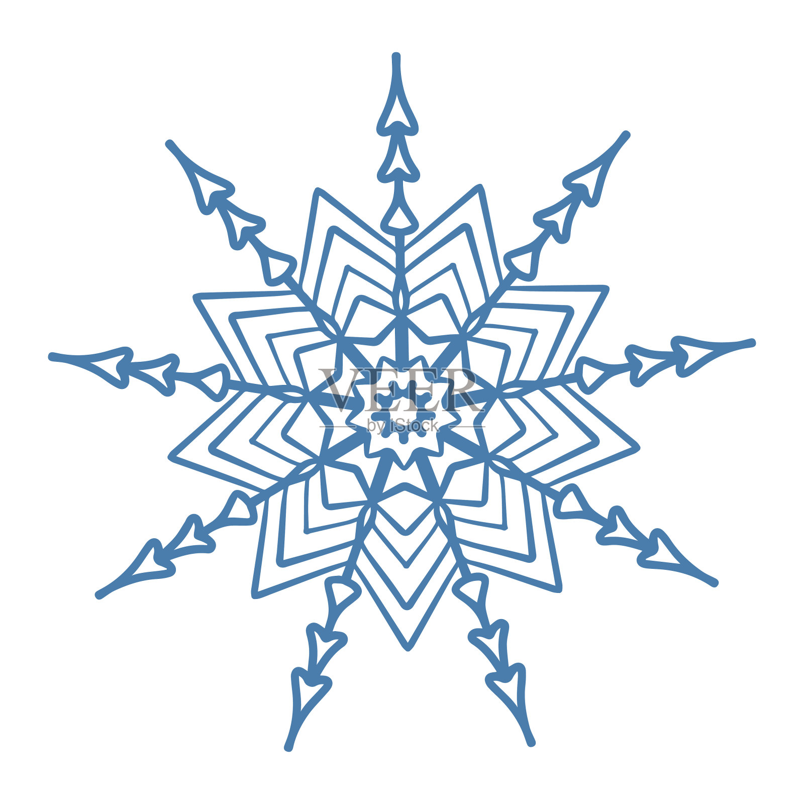 手绘蓝色雪花图标孤立在白色背景。冬季设计元素雪花霜晶体矢量插图插画图片素材