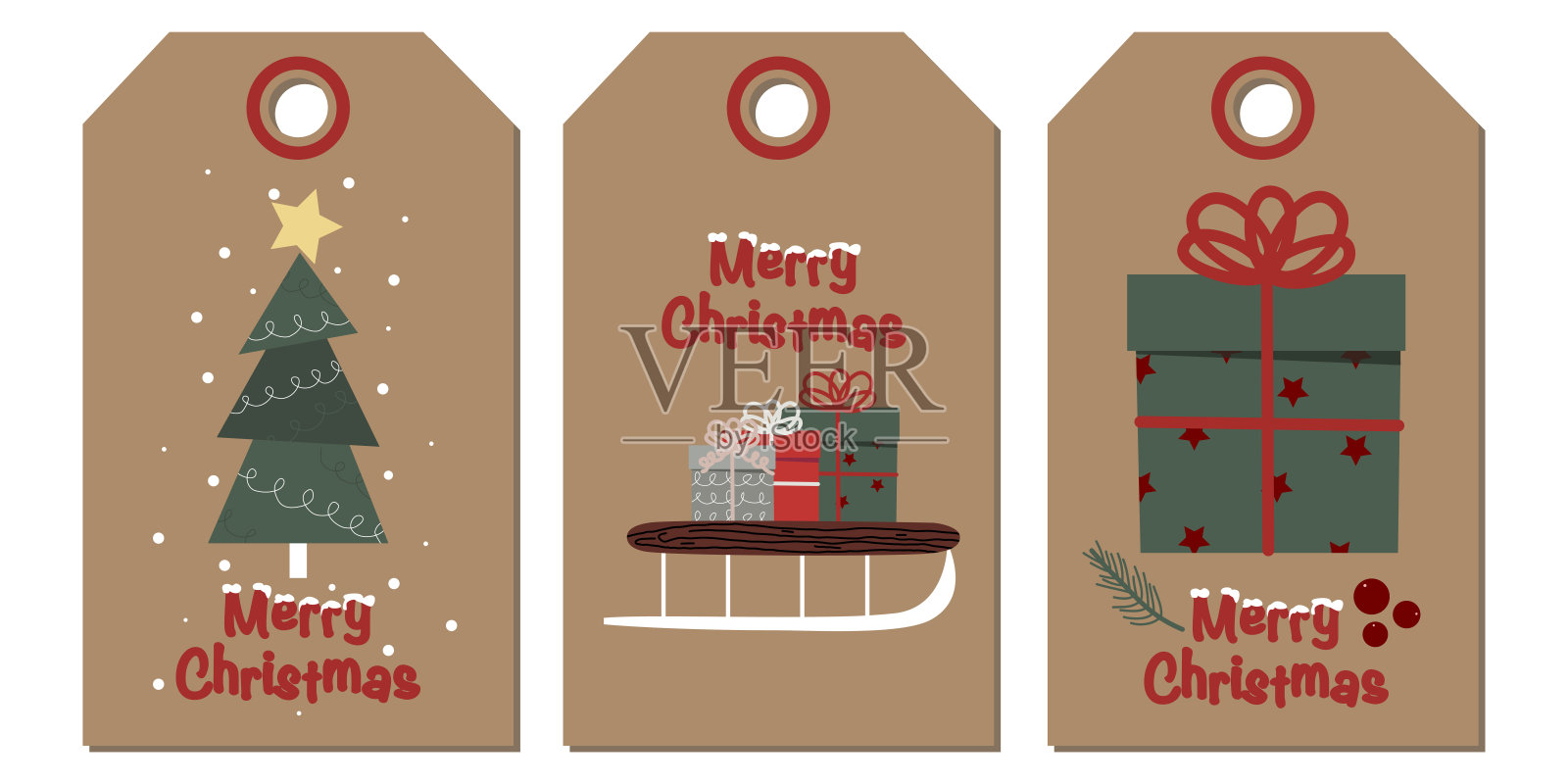 圣诞节标签矢量图：圣诞快乐贺卡套装，含礼物、礼盒、冷杉、圣诞树插画图片素材