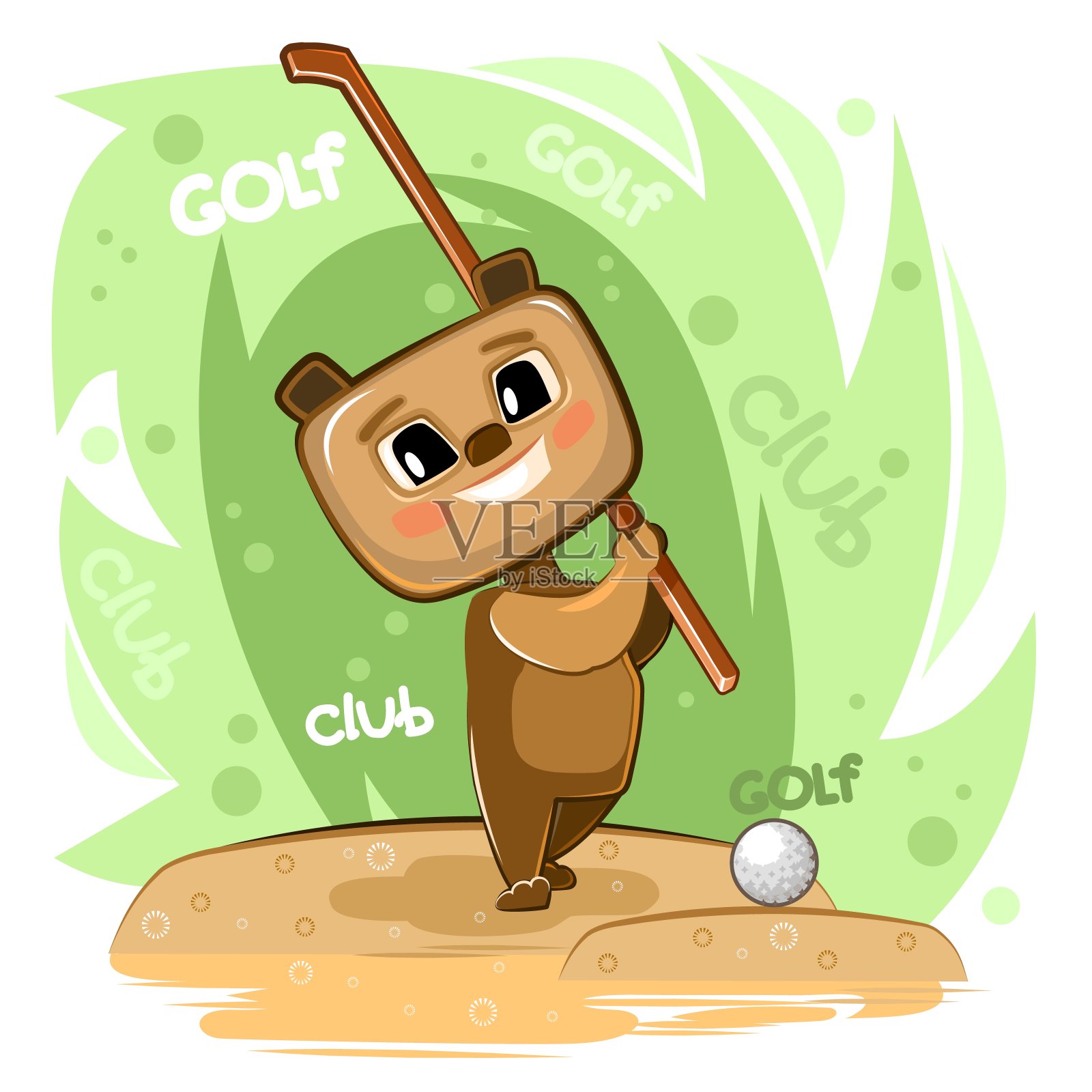可爱的孩子=在高尔夫俱乐部和球里。卡通风格的儿童插图。有趣的小动物。体育运动。孤立在白色背景上。向量插画图片素材