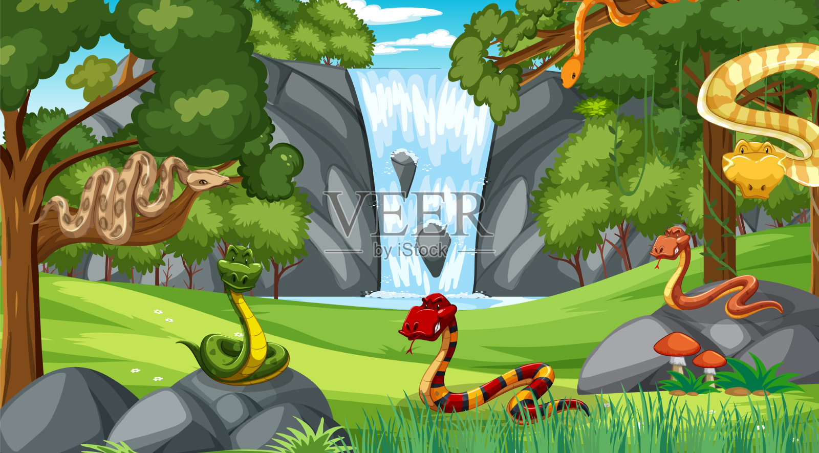 蛇群在森林中白天的场景有很多插画图片素材