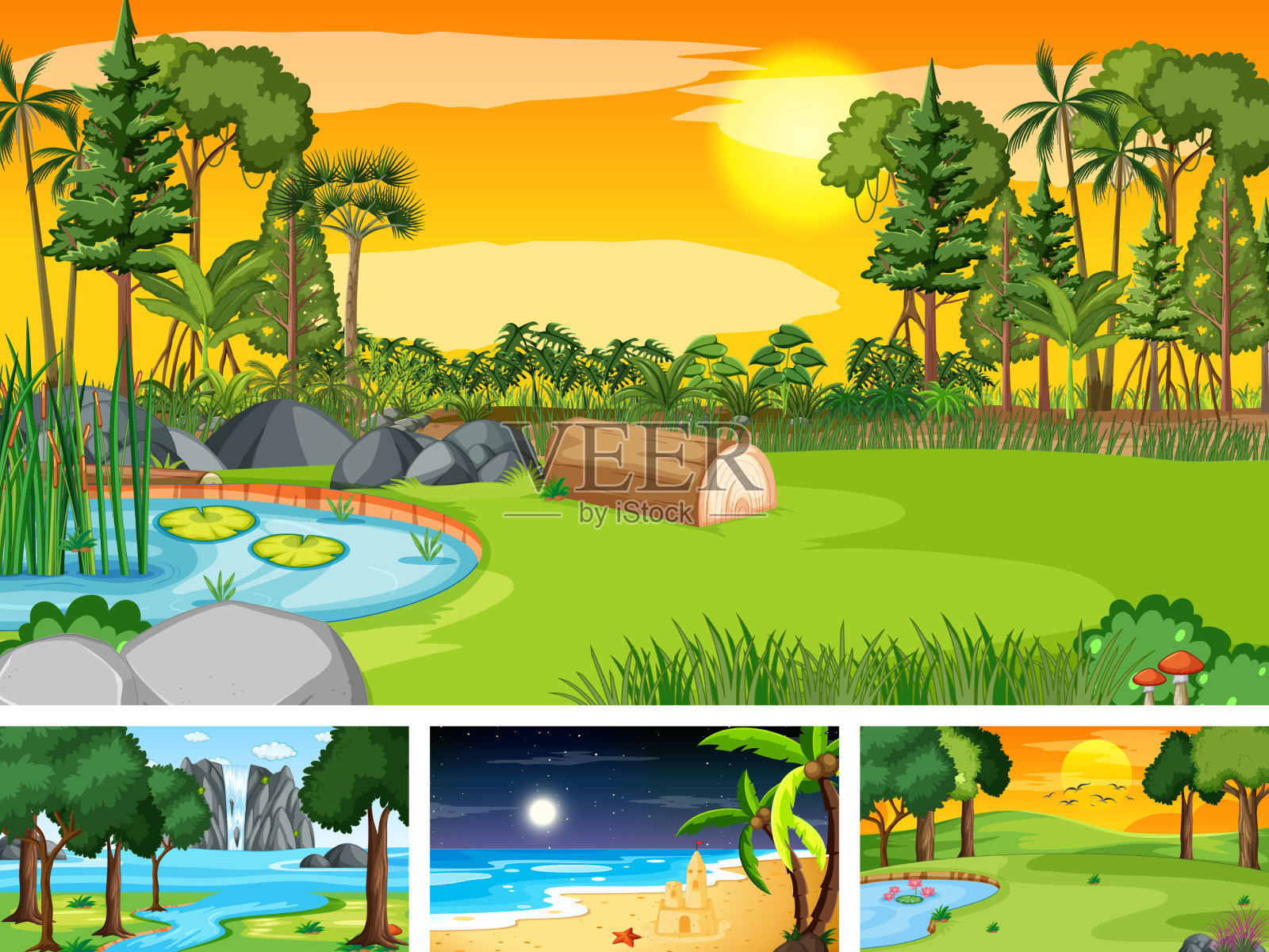 四个不同的自然公园和森林场景插画图片素材