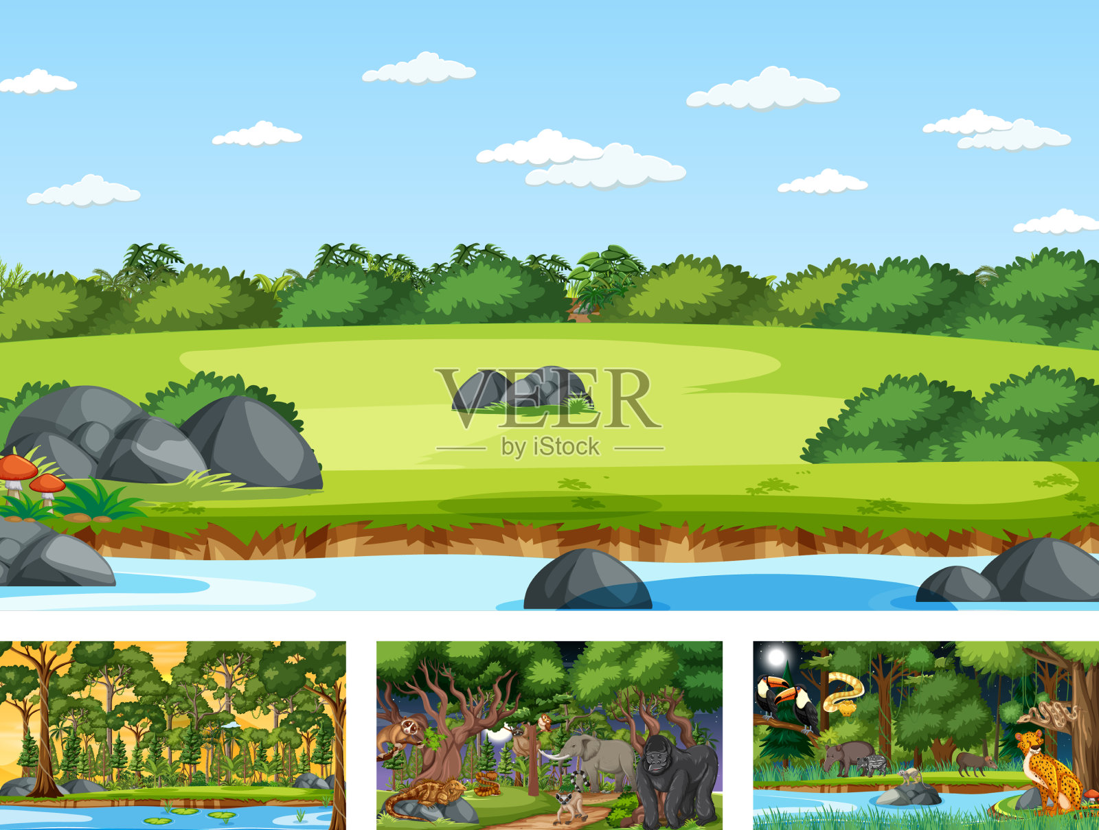 森林和雨林的不同自然景观插画图片素材