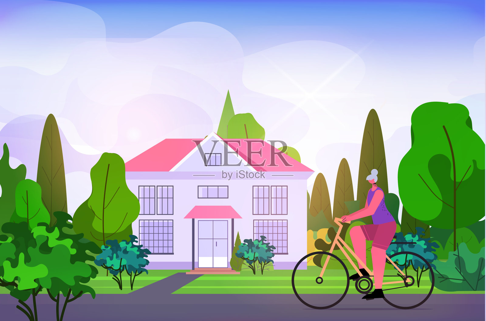 老年妇女骑自行车户外老年运动妇女插画图片素材