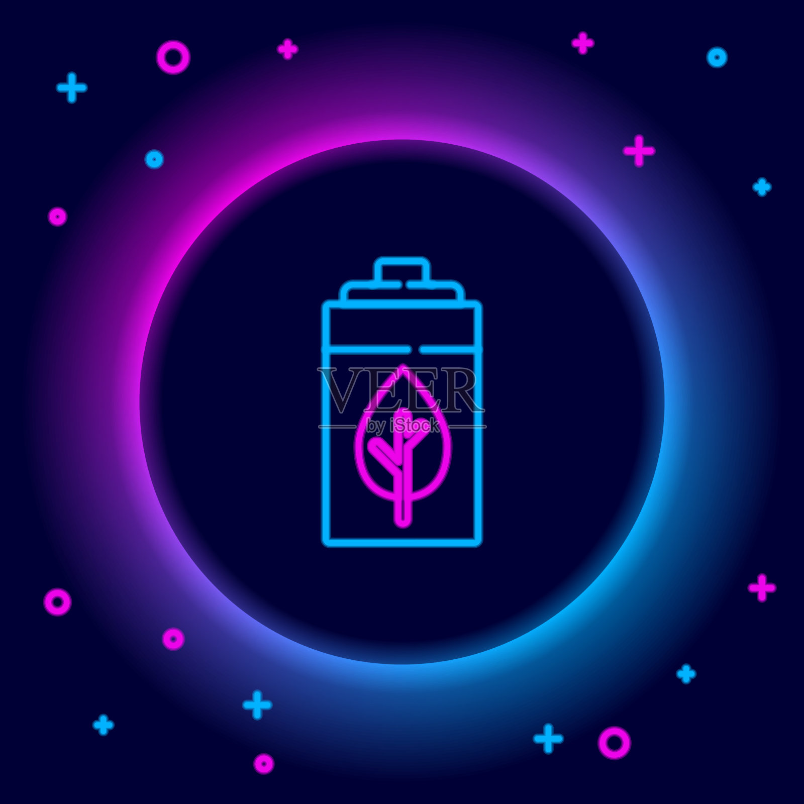 发光的霓虹灯线生态自然树叶和电池图标插画图片素材